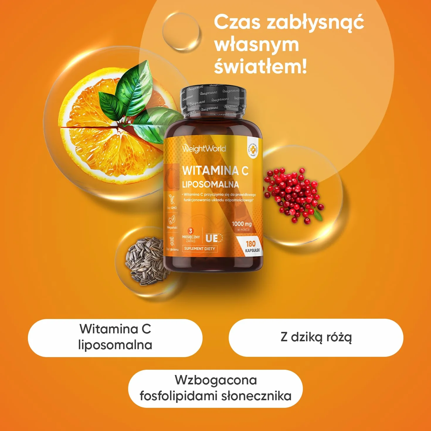 Witamina C liposomalna 1000 mg – 180 kapsułek z dziką różą – Witamina C przyczynia się do prawidłowego funkcjonowania układu odpornościowego (EFSA) – Zapas na 3 miesiące, wegański i bez GMO
