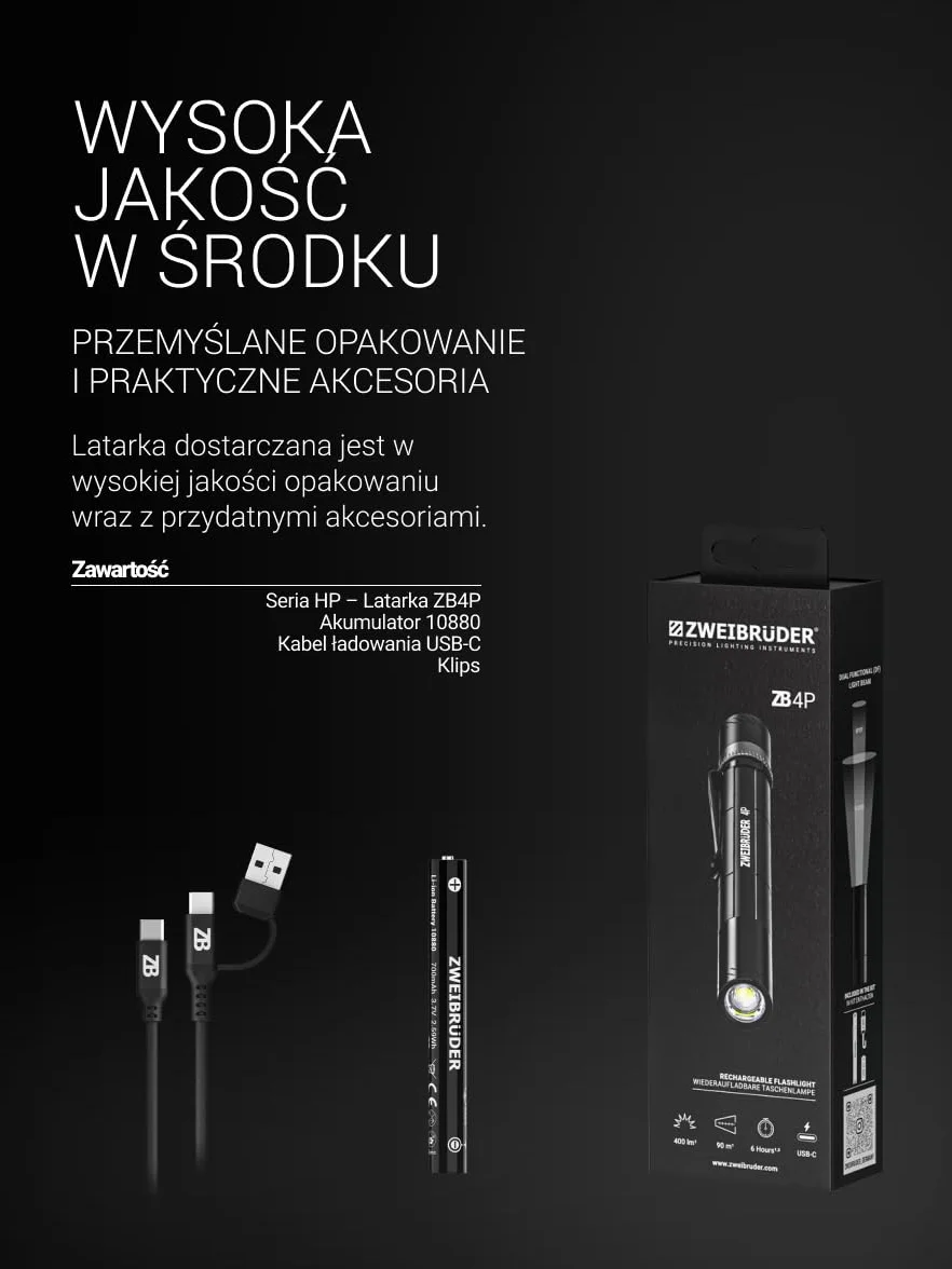 Zweibrüder ZB4P lampa długopisowa, latarka 400 lumenów – kompaktowa mini latarka LED z regulacją ostrości, Dual Functional Optic, ładowana przez USB-C, idealna na co dzień i outdoor