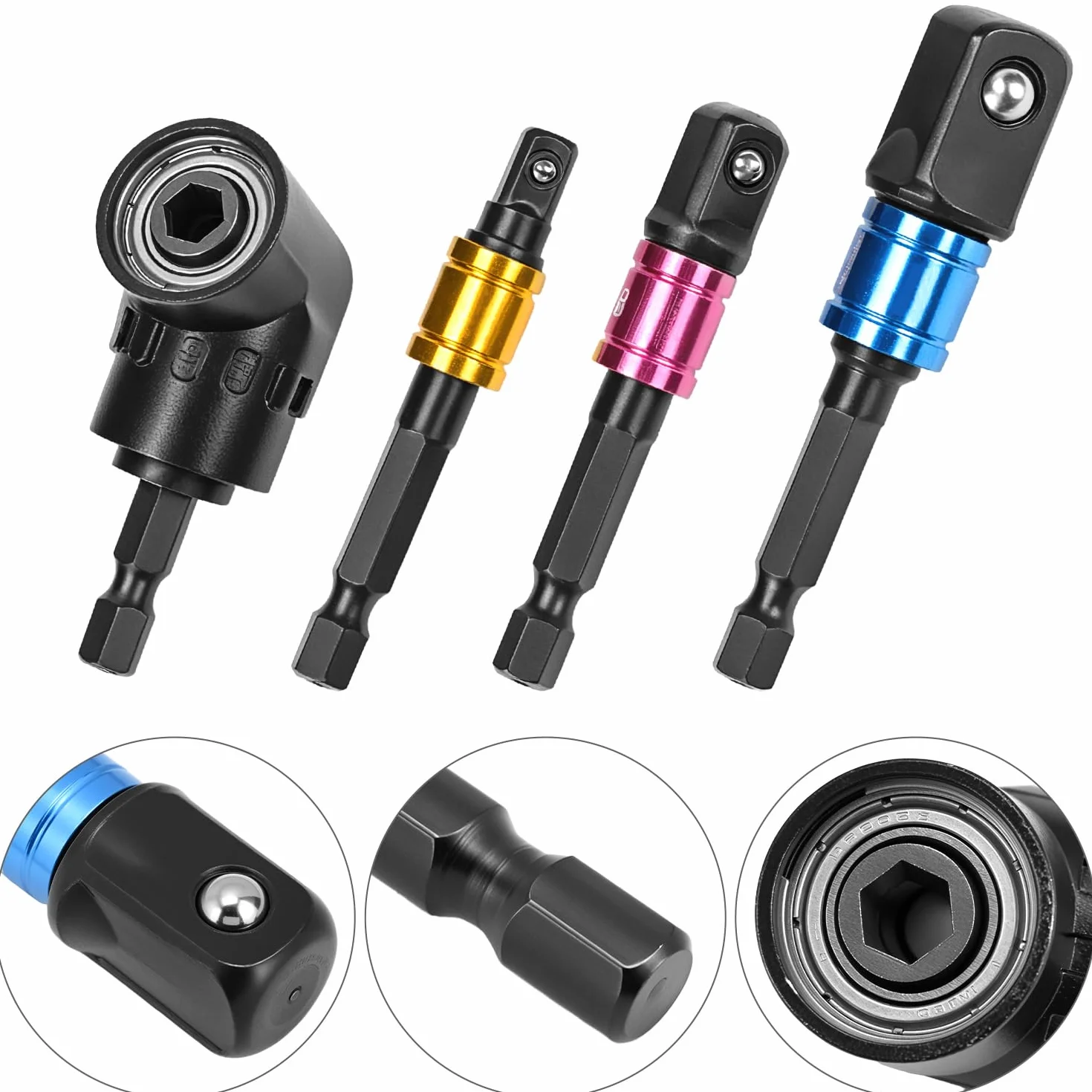 QWORK® Adapter do wkrętaka kątowego 105°, zestaw adapterów do gniazda udarowego, z 3-częściowym adapterem nasadowym 1/10.2 cm 3/20.3 cm 1/5.1 cm, czarny