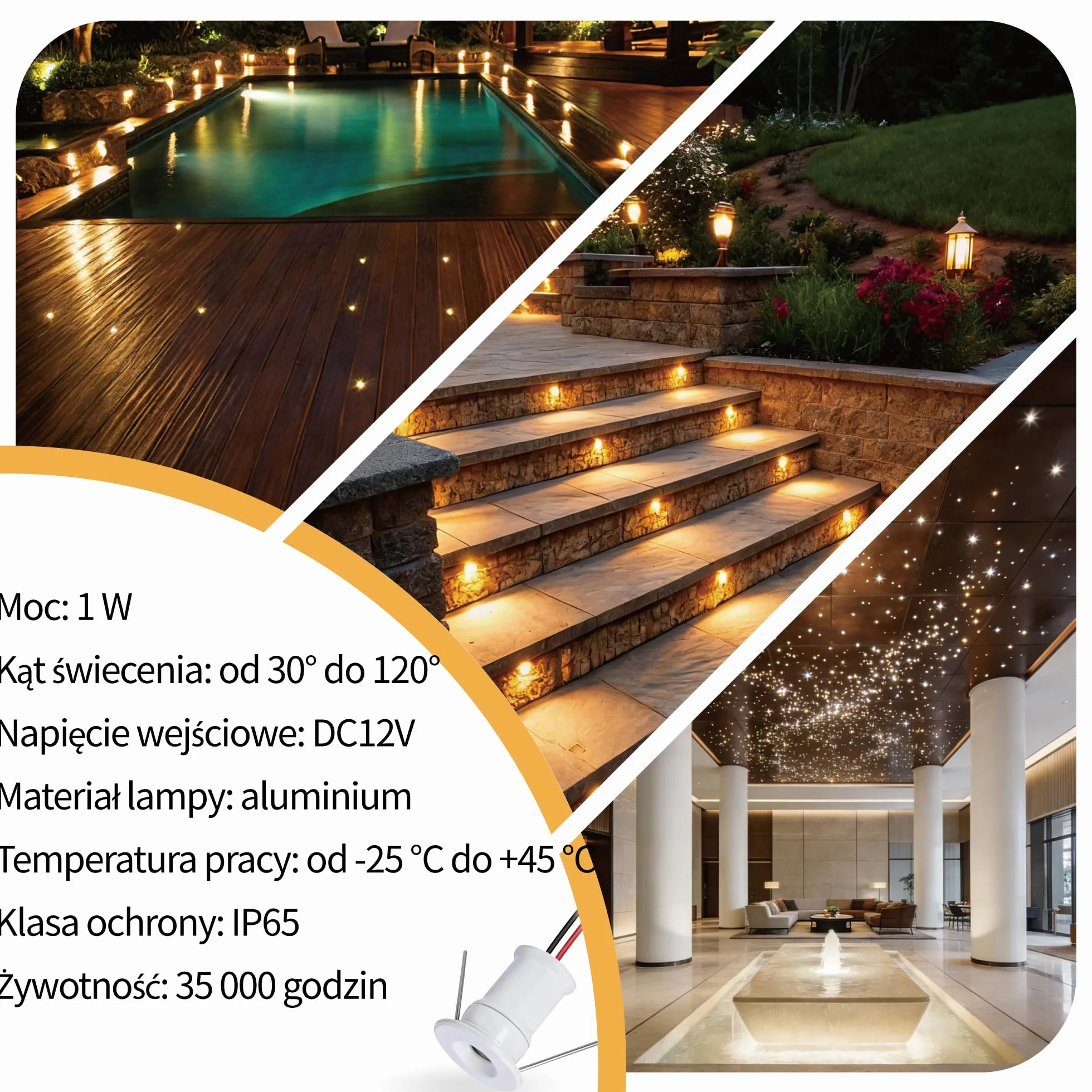 9SZT 12V 1W Mini LED Lampa Spotlight, IP65 Wodoodporna Lampa Wbudowana do Wystaw, Użycie Wewnętrzne Kuchnia Schody Szafka Korytarz Oświetlenie DIY (Biały Biały Ciepły 30°)