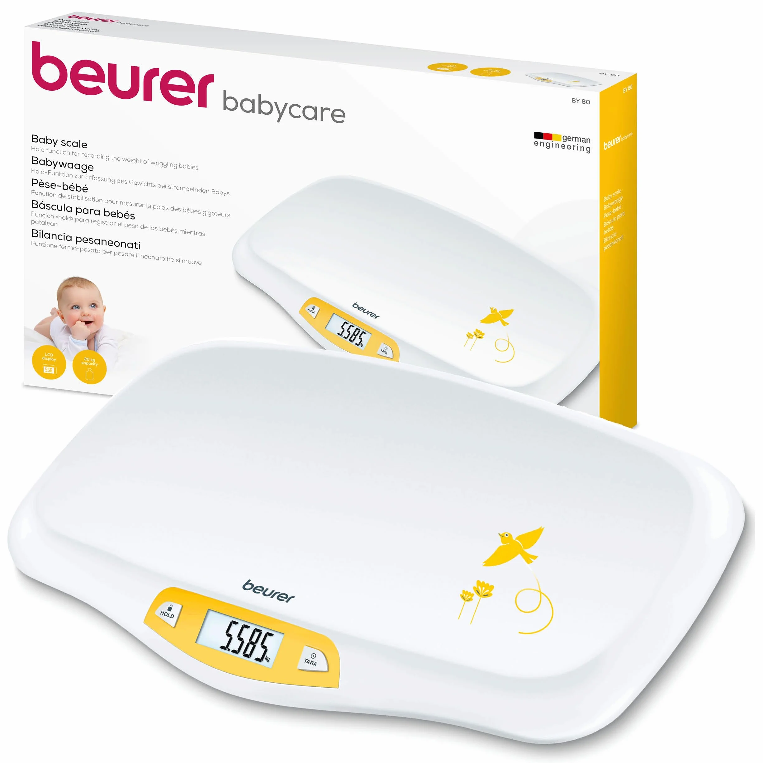 Beurer BY 80 Waga niemowlęca z zakrzywioną powierzchnią, nośność 20 kg, funkcja tarowania i przytrzymywania dla odbijających się dzieci, pomiar i wyświetlanie w krokach co 5 g