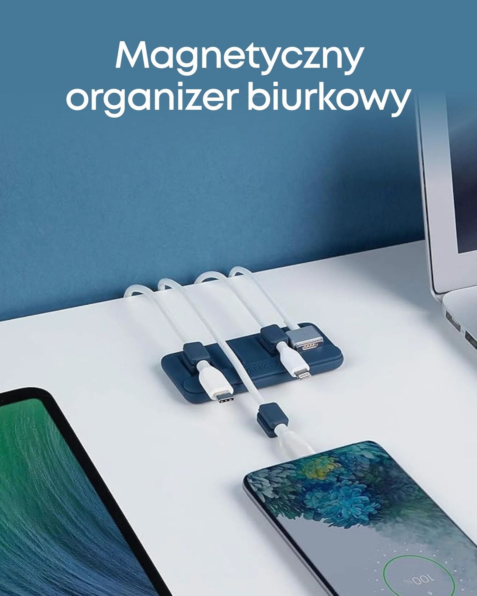 Wielofunkcyjny organizer do kabli Anker – 5 klipsów do kabli Lightning, USB C, Micro i innych kabli – przyczepia się do drewna, marmuru, metalu, szkła (niebieski, zestaw 2 szt.)