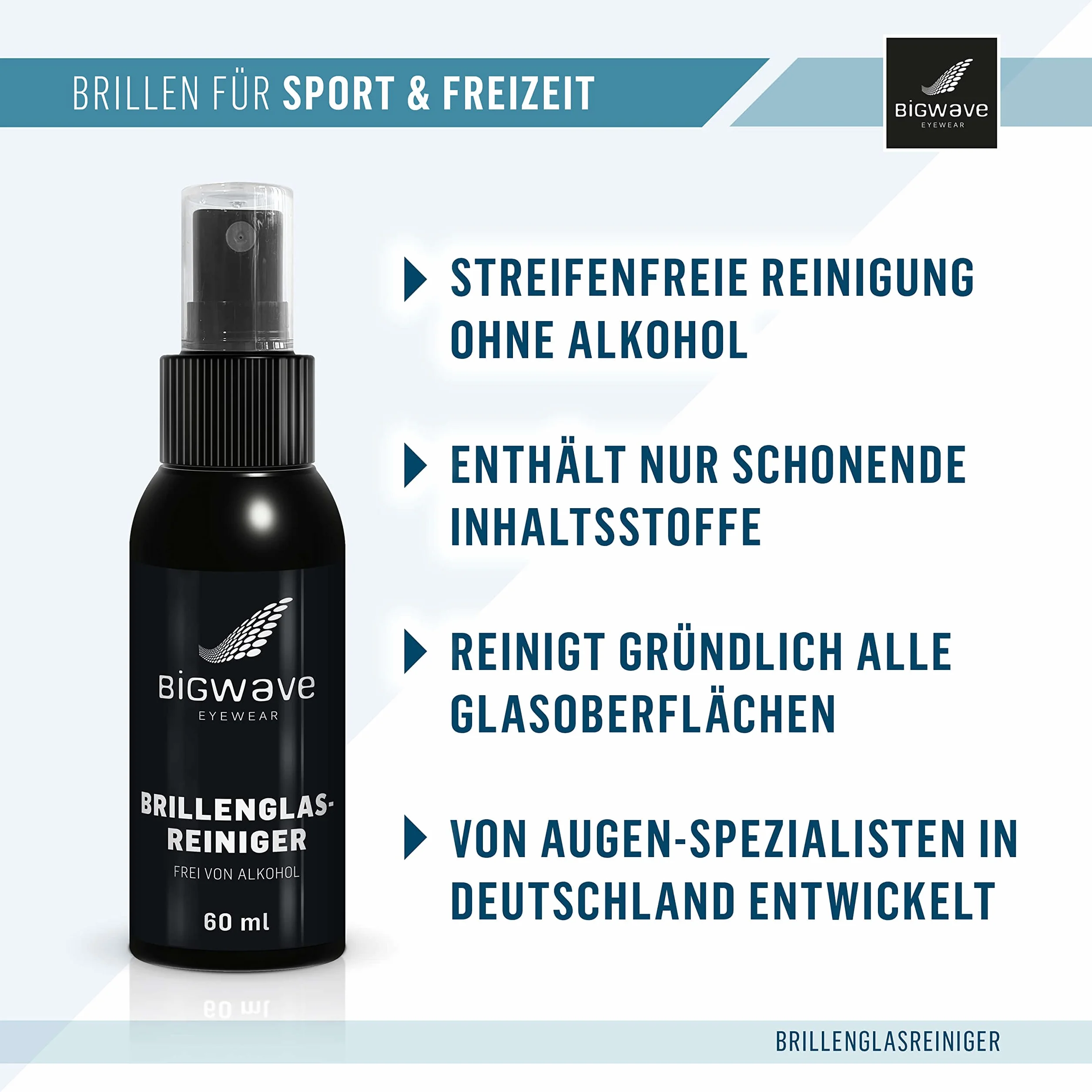 BIGWAVE Spray do czyszczenia okularów do delikatnego i bez smug czyszczenia wszystkich soczewek okularowych bez alkoholu – 60ml Premium spray do czyszczenia okularów idealny również na okulary