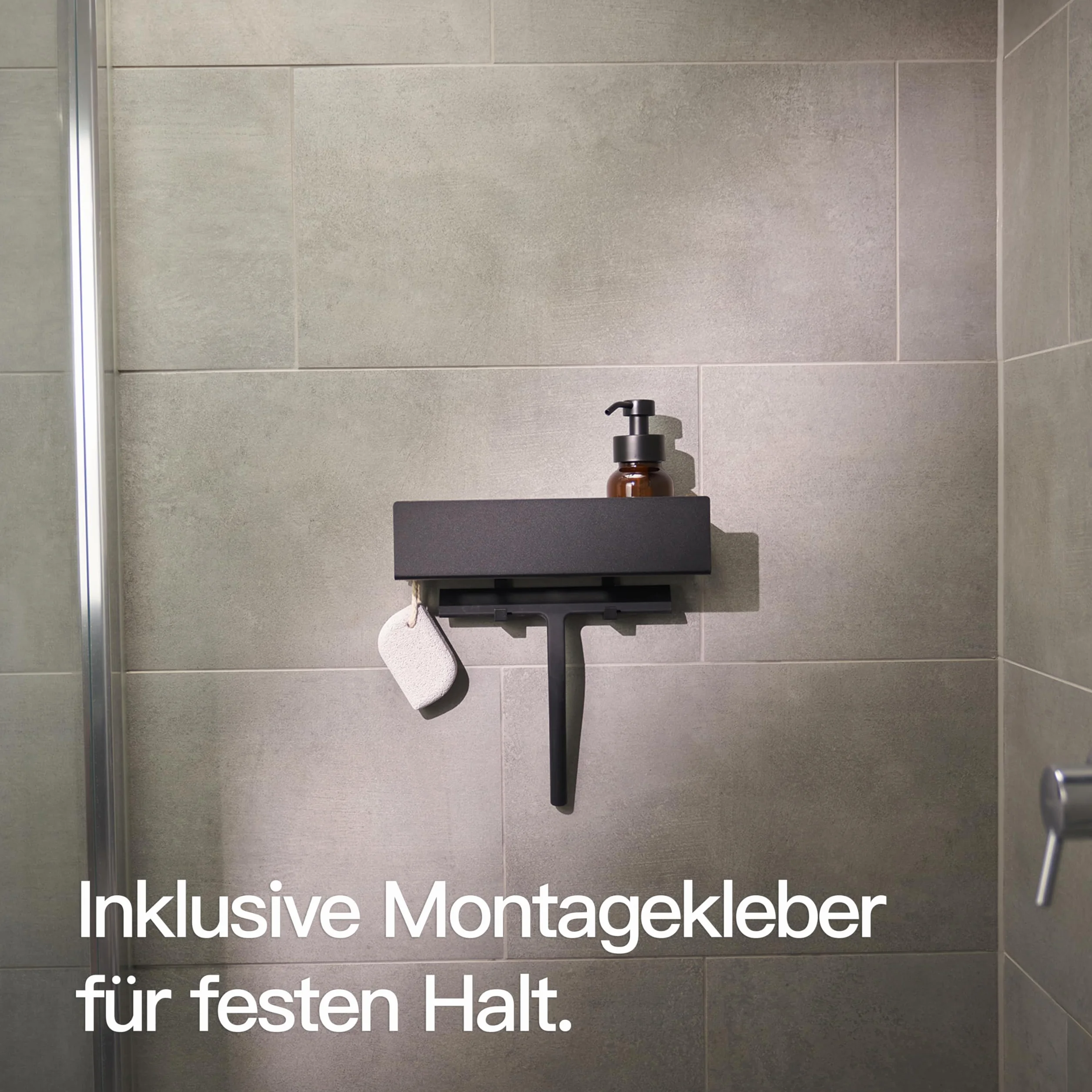 Design Hamburg Półka prysznicowa bez wiercenia, uchwyt na mydło pod prysznic | Półki łazienkowe I mydelniczka prysznicowa i naklejka ścienna 2 haczyki | czarna półka łazienkowa 30 cm