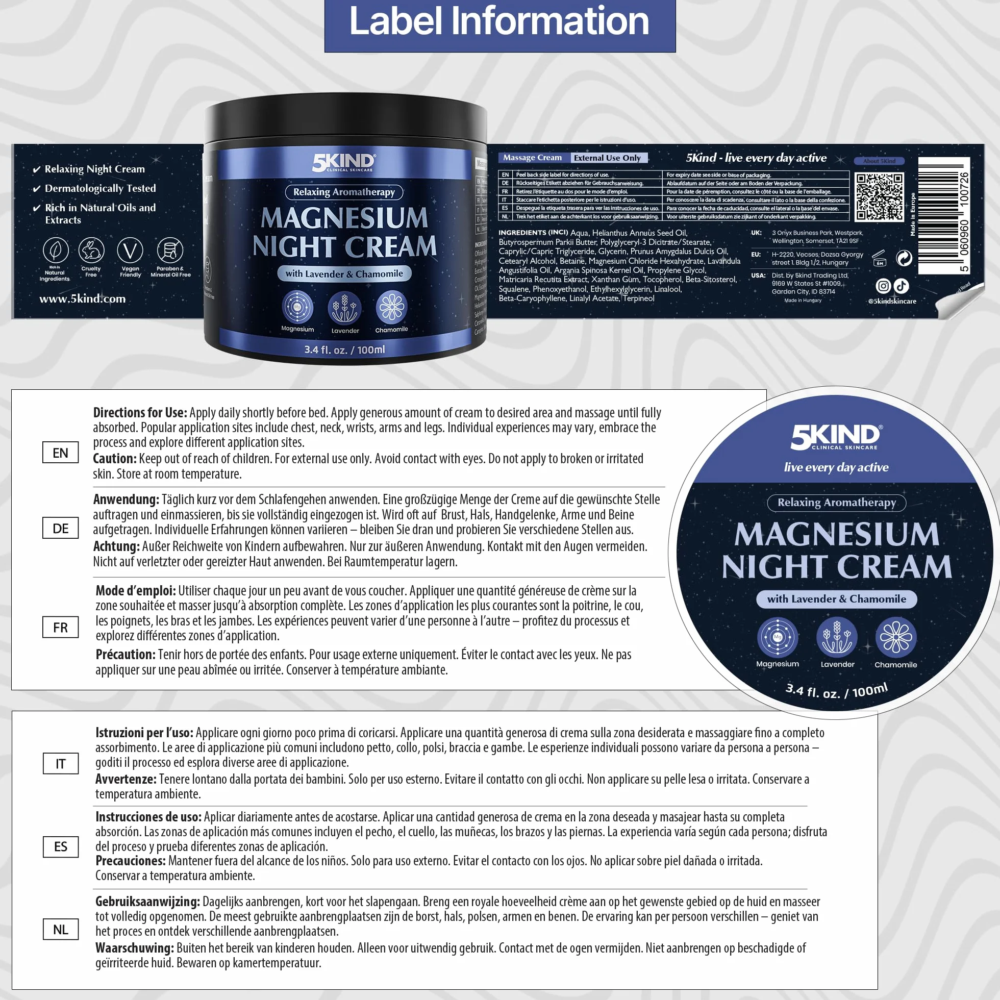 5Kind Magnesium Sleep Cream 100 ml – Relaksujący Magnezowy Balsam do Stosowania Przed Snem z Lawendą i Rumiankiem – Kojąca Aromaterapia z Ekstraktami Lawendy i Rumianku – Naturalne Wsparcie Dla Snu