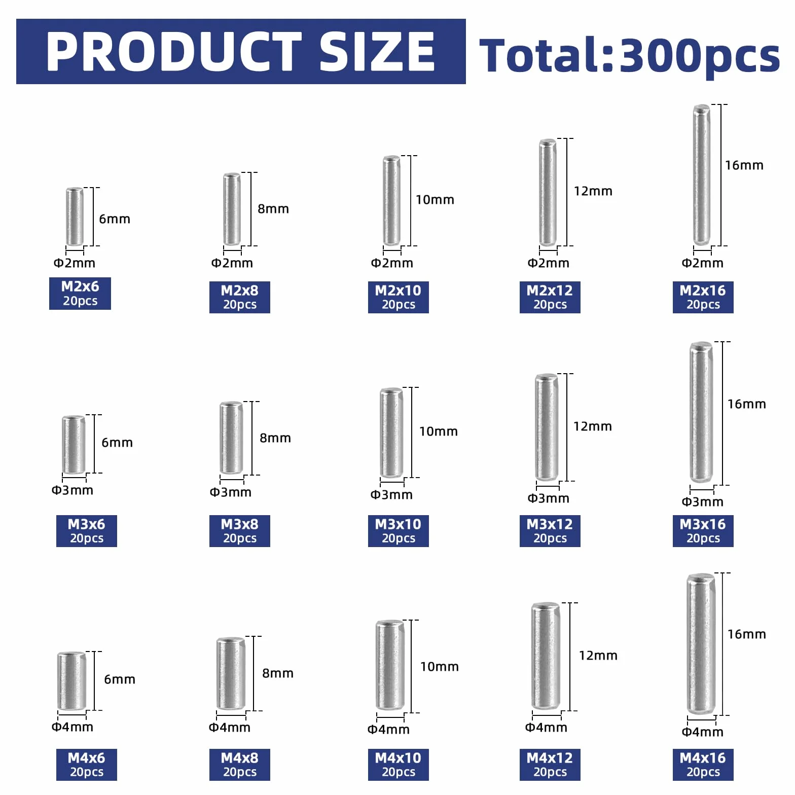 300 sztuk kołków cylindrycznych M2 M3 M4 cylindryczne kołki metalowe 304 stal nierdzewna kołek cylindryczny, cylindryczny trzpień do regałów, kołek pasowany z pudełkiem do produkcji