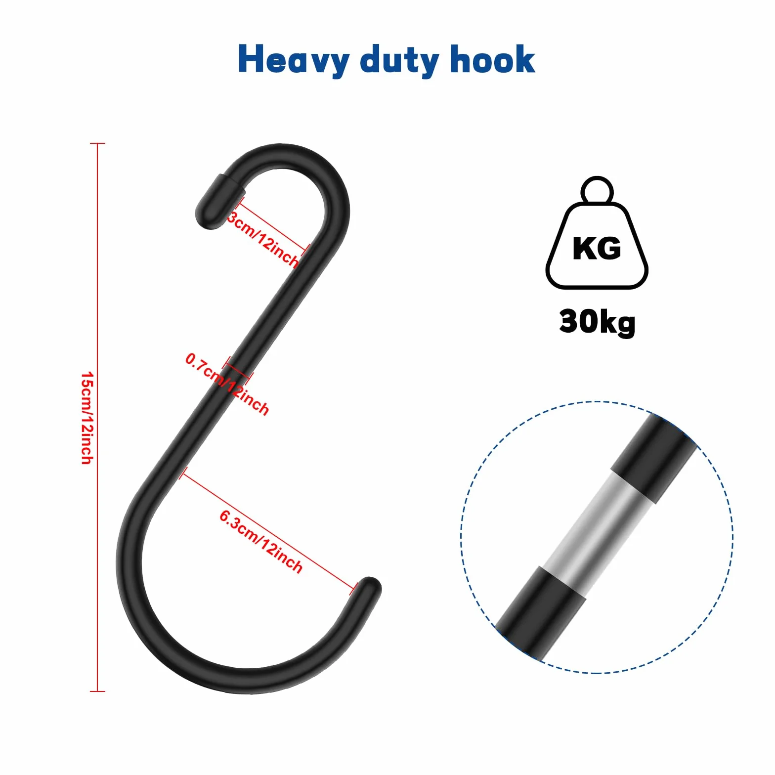 RVLZKCPG 8 sztuk haków S, duże, 15 cm, ze stali nierdzewnej, do zawieszenia, obciążenie do 30 kg, haczyki S, czarne, powlekane winylem, haki metalowe, odporne na rdzę, do kuchni, łazienki, sypialni