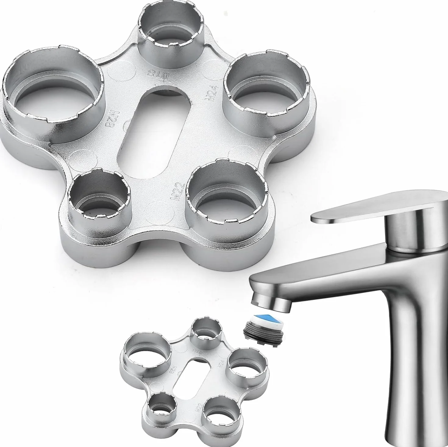 Klucz do kranu Narzędzie 5 w 1, uniwersalny klucz montażowy napowietrzacza do M18 M20 M22 M24 Remover do kuchni i łazienki, uniwersalny regulator strumienia, klucz serwisowy