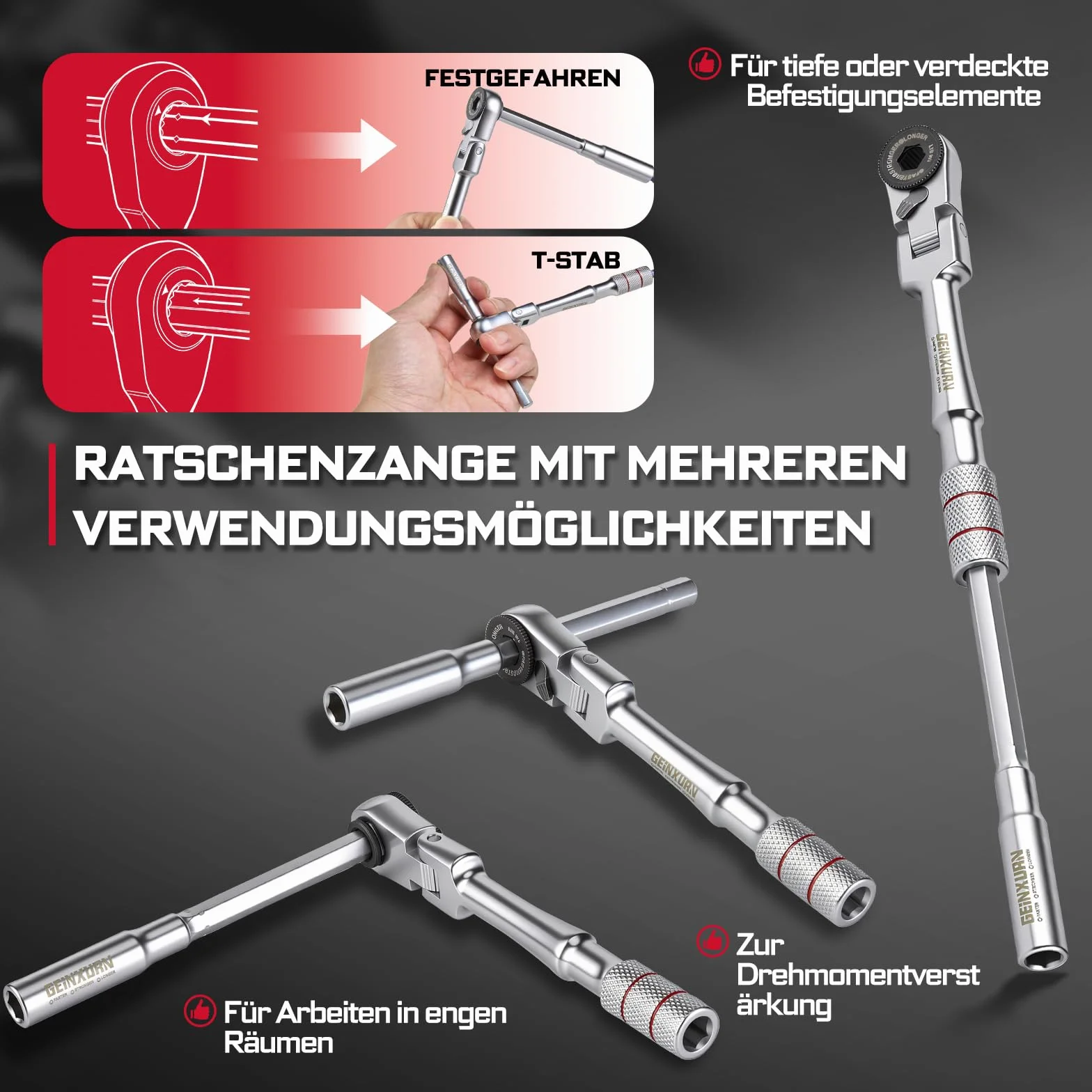 GEINXURN 50-częściowy zestaw mini kluczy z grzechotką, elastyczna ruchoma głowica, przedłużacz z adapterem sześciokątnym, 46-częściowy 25 mm S2 stal magnetyczny zestaw bitów (Phillips/Pozidriv/Torx