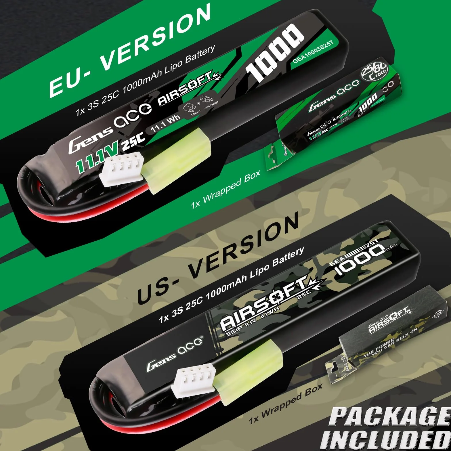 Gens ace 3S 25C 1000 mAh 11,1 V 3S1P akumulator Lipo Airsoft do ponownego ładowania z wtyczką Mini Tami-Ya, do broni Airsoft, łożysk LE, takich jak M4 itp