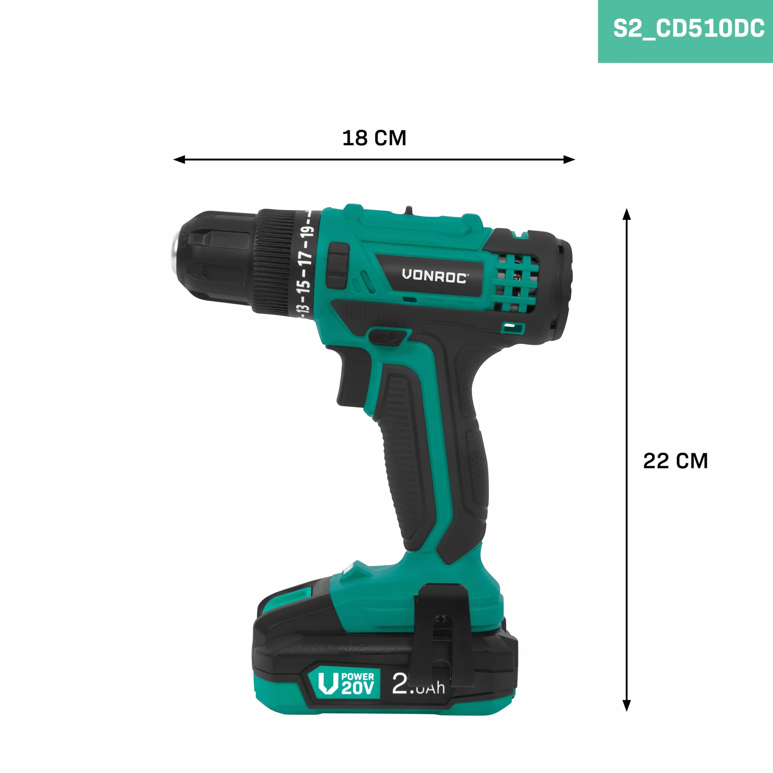 VONROC Wiertarko-Wkrętarka Akumulatorowa 20V 25Nm Zestaw 2x 2.0Ah + Ładowarka 2 Biegi 19+1 Ustawień LED Uchwyt 10mm Do Wiercenia i Wkręcania VPower