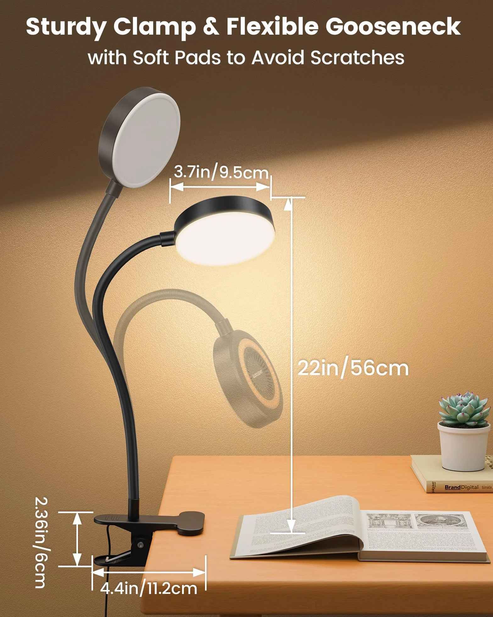 Glocusent Clip On Light, 72 LED lampa biurkowa z 3 kolorami i 5 jasnością, elastyczna lampa z klipsem z bursztynowym światłem nocnym, timer 30/60 min, pielęgnacja oczu, do łóżka/czytania (czarna z