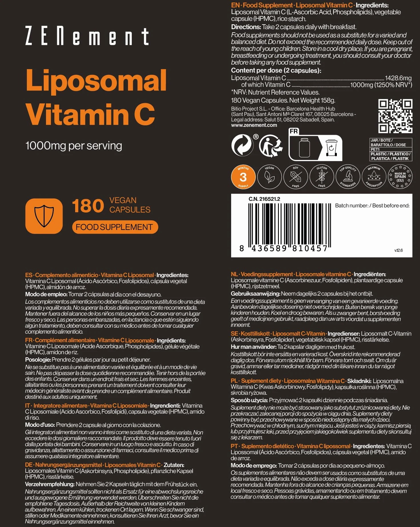Liposomalna Witamina C, 1000mg, 180 kapsułek wegańskie | Wspiera układ odpornościowy i zmniejsza uczucie zmęczenia | Wegańska, Nie Zawiera Soi | Zenement