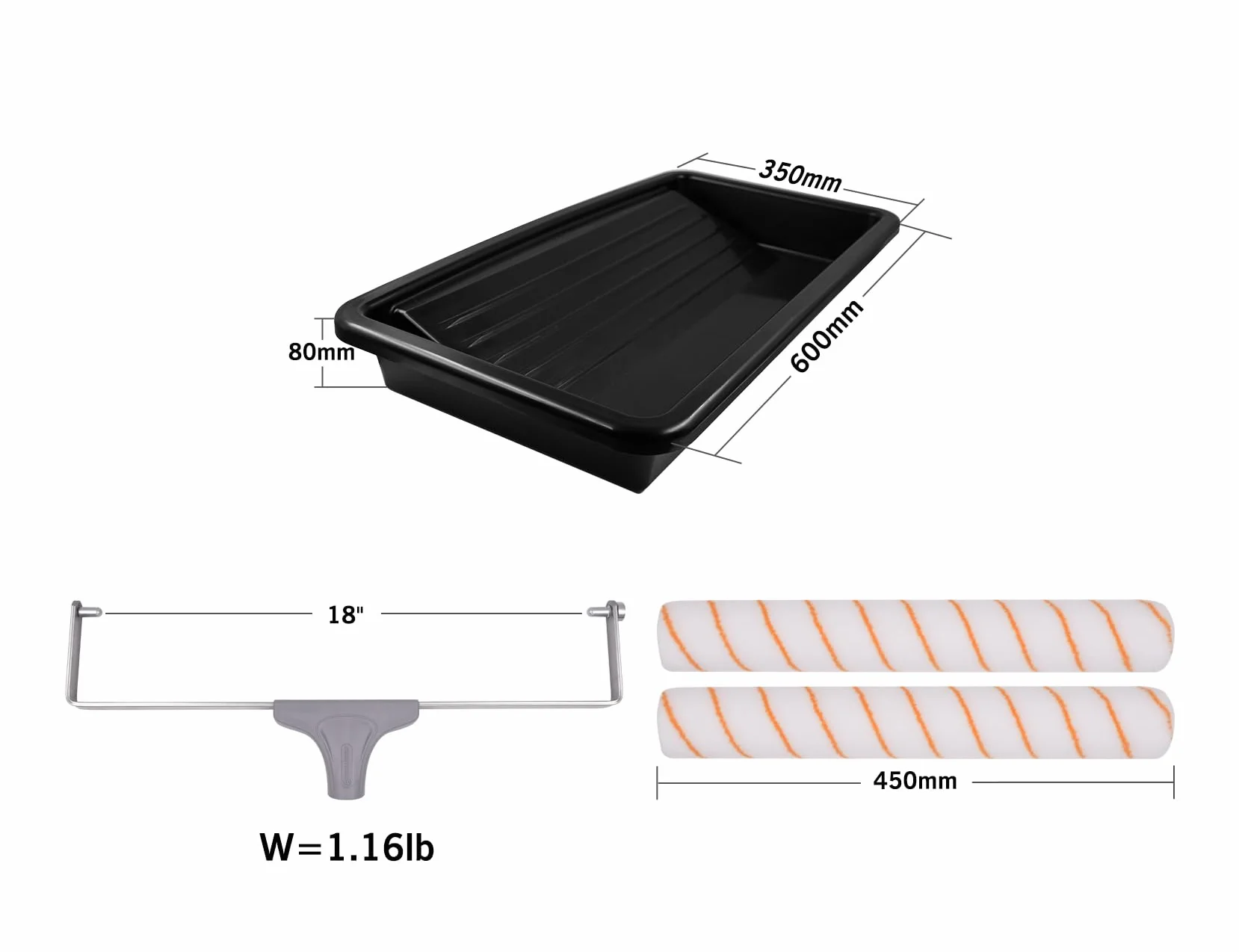 ROLLINGDOG Zestaw wałków malarskich 45 cm, 6 szt., 45 cm, rękawy na wałki malarskie z ramą wałka, taca na farby z 2 wkładkami do tacek