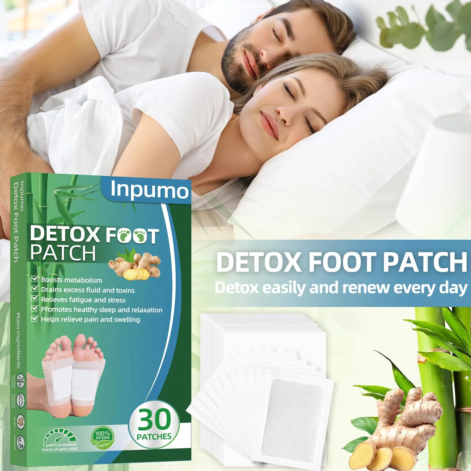 Inpumo Detox plastry do stóp, naturalne plastry detoksykujące do głębokiego oczyszczania, łagodzą stres organizmu, poprawiają jakość snu, poprawia krążenie krwi, 30 sztuk