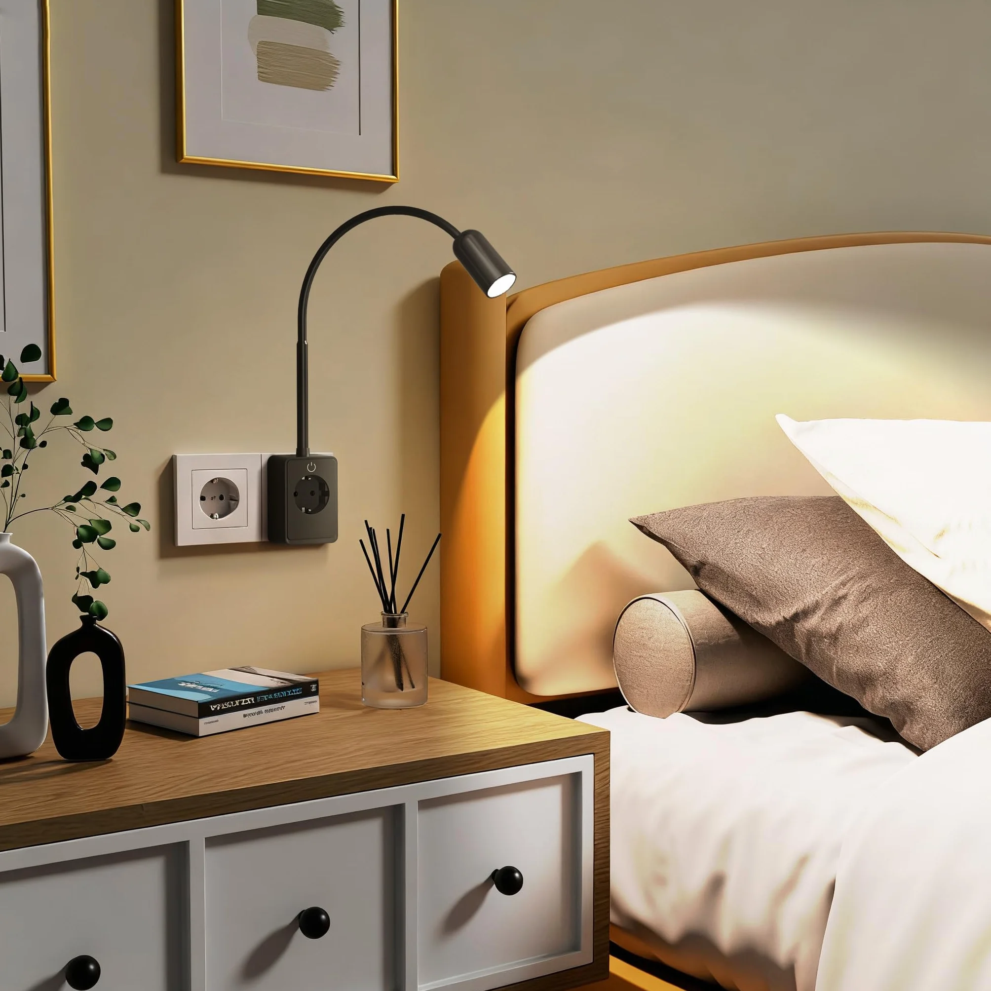 ENUOTEK Lampa do Czytania LED Czarnym z Gniazdem, Ściemniawalna Lampa Ścienna o Mocy 3W Przełącznikiem i Gniazdem, Wyposażona w Porty USB i Type-C, Regulowana Temperatura Barwowa 4000K-3000K-5000K