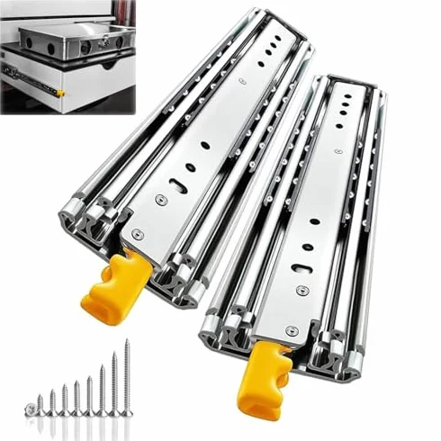 Wytrzymałe prowadnice do szuflad z zamkiem – 1 para stalowych prowadnic z łożyskami kulkowymi z pełnym przedłużeniem mocowanie boczne Ra 76 mm szer. x 254-2032 mm dł. 226,8 kg pojemność zawiera śruby