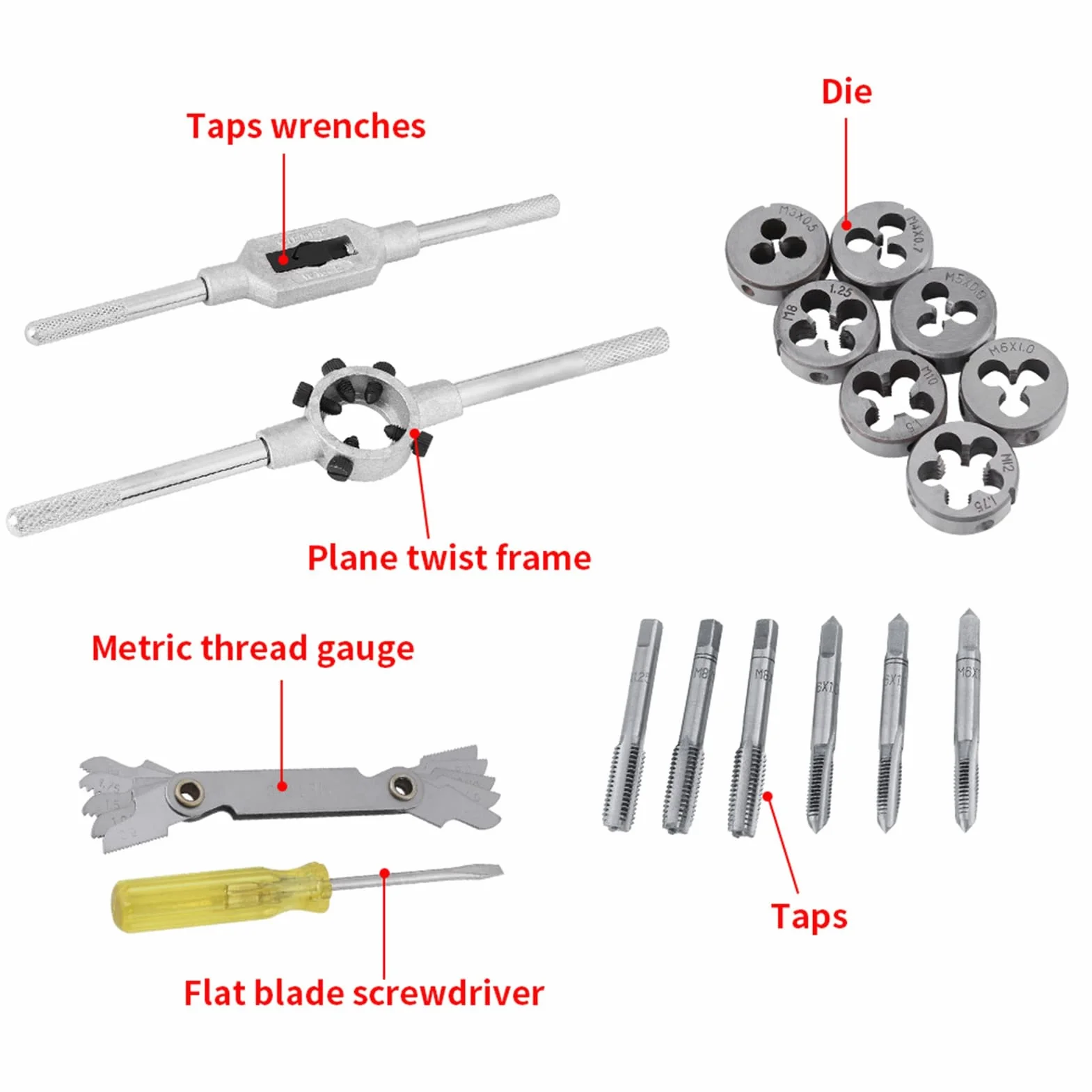 Tap and Die Set, Zestaw dotknij, M3, M4, M5, M6, M7, M8, M10, M12 Set i zestaw matrycy, zestawy naprawy wątków do gwintowania oraz rethreading wewnętrzne i zewnętrzne, 32 pCS