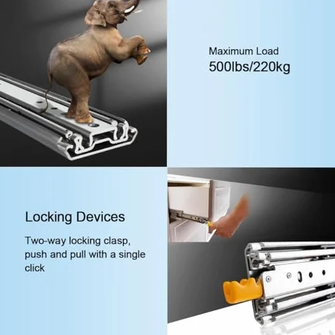 Wytrzymałe prowadnice do szuflad z zamkiem – 1 para stalowych prowadnic z łożyskami kulkowymi z pełnym przedłużeniem mocowanie boczne Ra 76 mm szer. x 254-2032 mm dł. 226,8 kg pojemność zawiera śruby