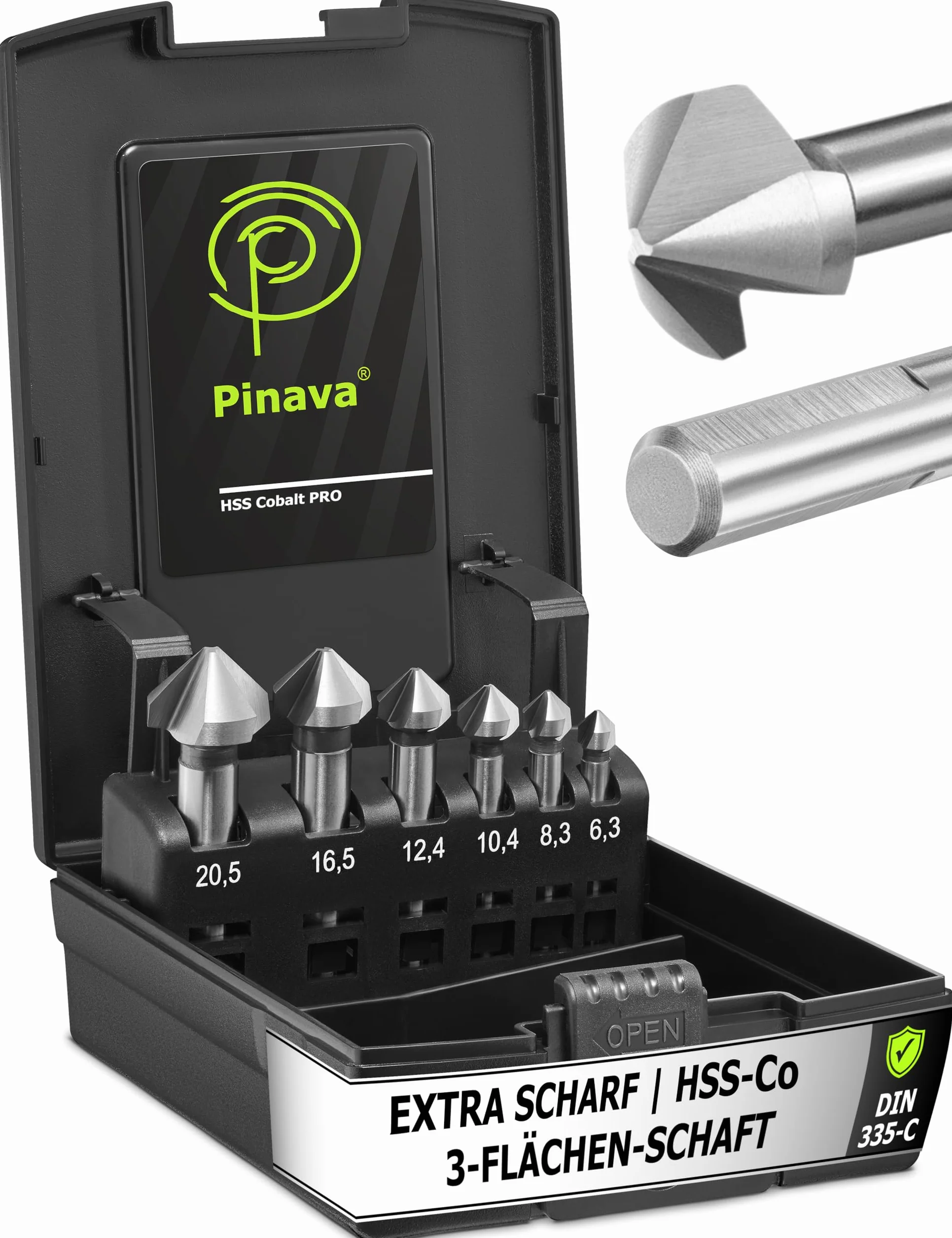 Pinava Zestaw pogłębiaczy stożkowych HSS-E Cobalt Pro 90° Ø 6,3 – 20,5 mm – [ekstra trójkątny trzpień] – ostry profesjonalny pogłębiacz i okrawacz do stali nierdzewnej, stali konstrukcyjnej, metalu
