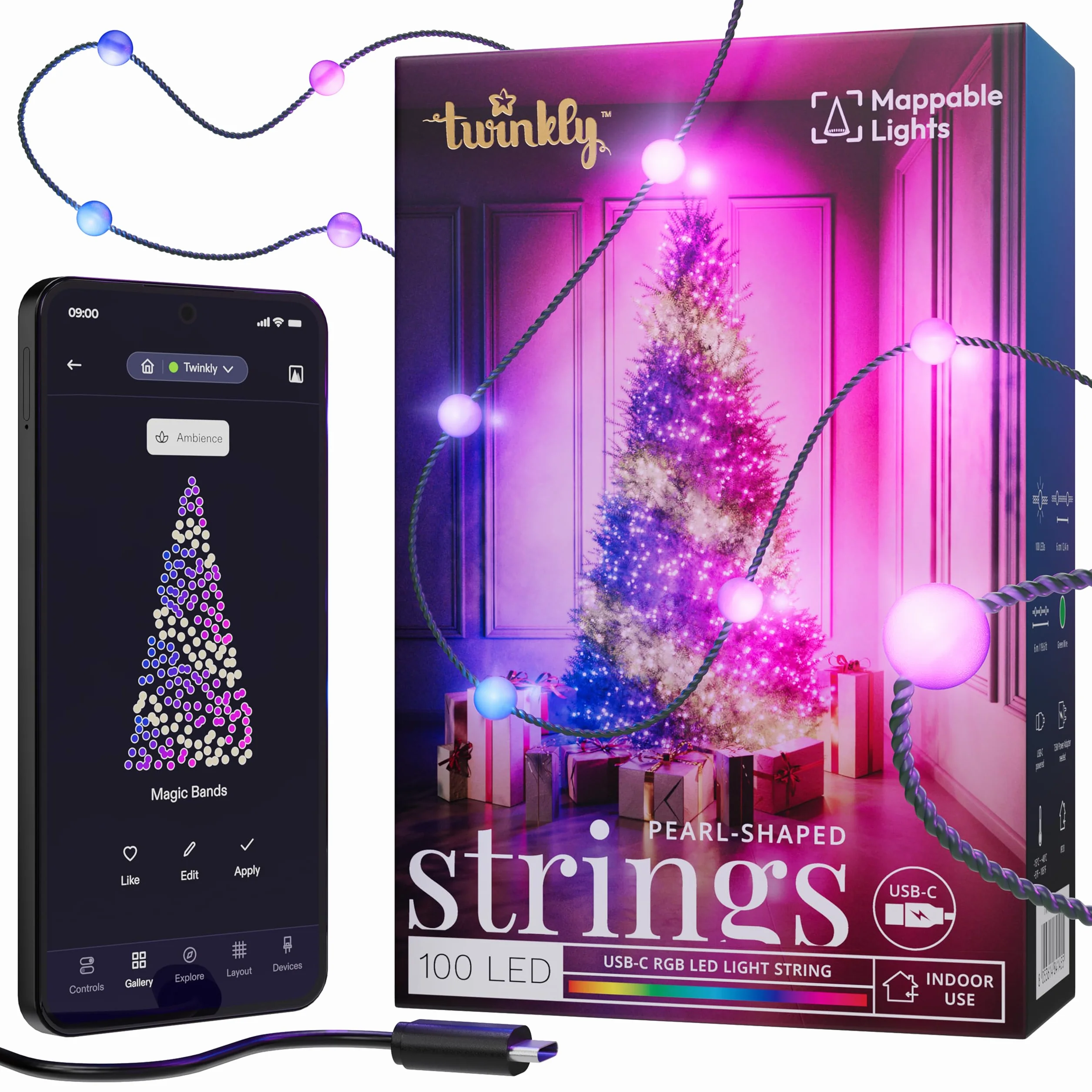 Twinkly Struny USB-C Pearls 100 diod LED RGB świąteczne lampki kompatybilne z Alexą Google Home 6 m