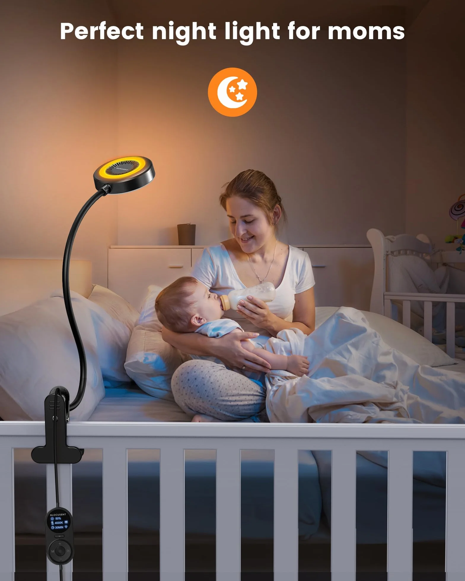 Glocusent Clip On Light, 72 LED lampa biurkowa z 3 kolorami i 5 jasnością, elastyczna lampa z klipsem z bursztynowym światłem nocnym, timer 30/60 min, pielęgnacja oczu, do łóżka/czytania (czarna z