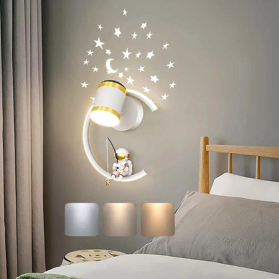Lampa ścienna z reflektorem LED 12 W Lampki nocne Możliwość ściemniania Nowoczesna lampa ścienna do wnętrz Przestrzeń Astronauta Ściana Sypialnia Dziecięca Nocna Sypialnia Chłopiec Dziewczynka Salon