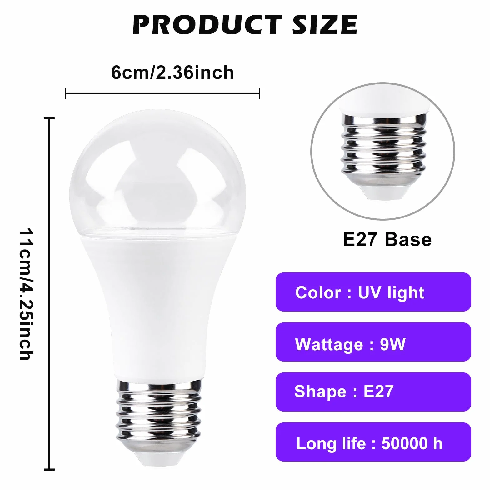 BORDEAG Żarówka UV LED, zestaw 4 żarówek E27 o mocy 9 W, lampa ultrafioletowa LED, fioletowa lampa ultrafioletowa UV-A, czarna żarówka UV, na festiwale, imprezy, bary