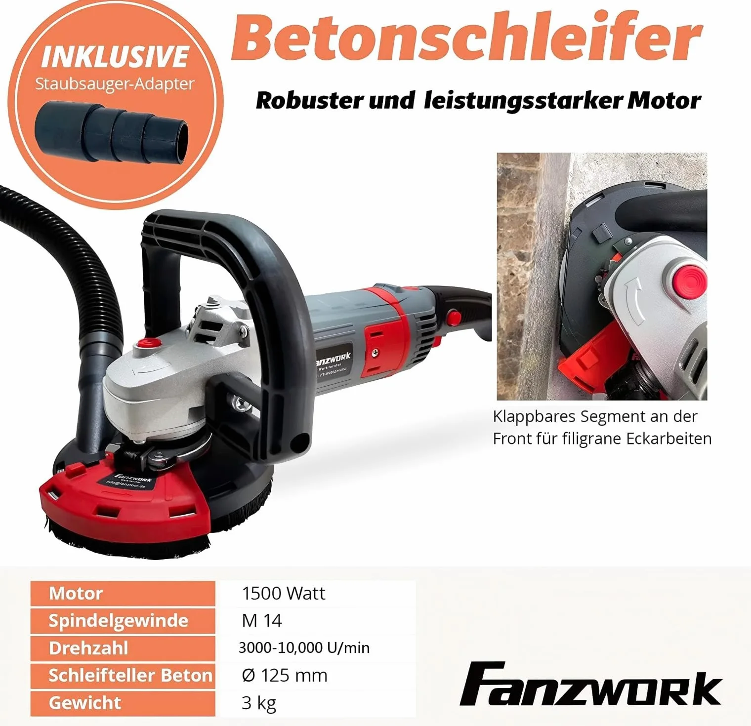 FANZORK Szlifierka do betonu, zestaw szlifierski do betonu z diamentową tarczą szlifierską i częścią ssącą (1500 W / 125 mm+)