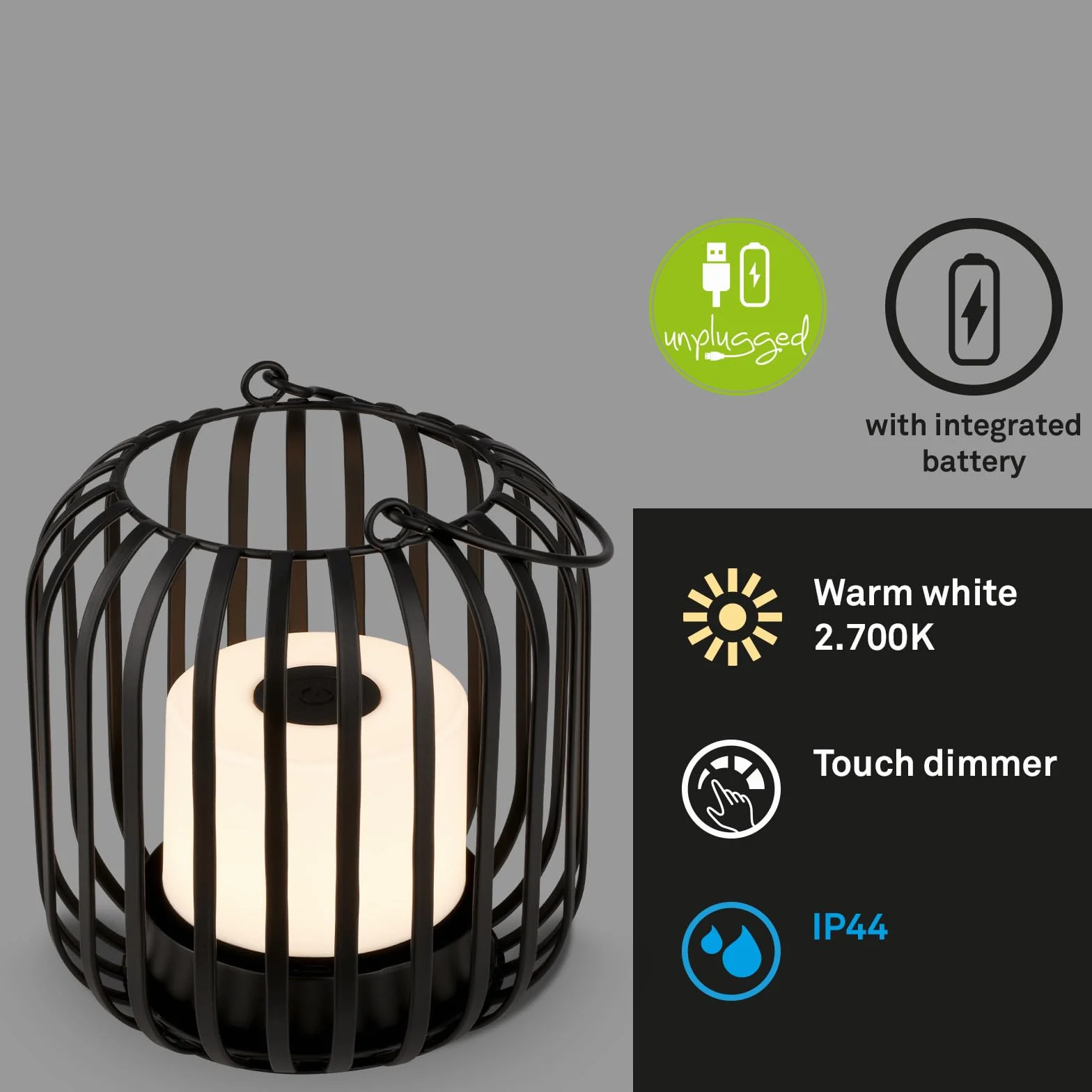 BRILONER Bezprzewodowa mini lampa stołowa LED z metalowym koszem, dotykowa lampka nocna z możliwością ściemniania, lampa biurkowa, lampa do czytania, do użytku na zewnątrz i wewnątrz