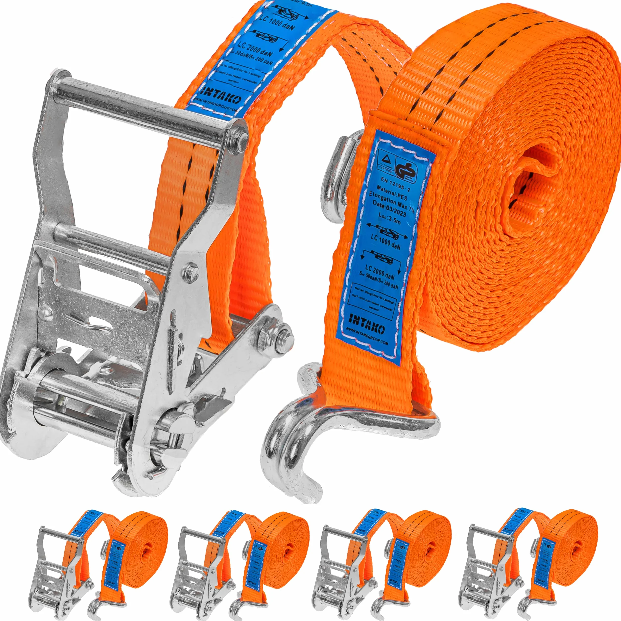 INTAKO Pas Transportowy z Napinaczem 4m x 2000kg x 35mm - Zestaw 4 Sztuk - Pasy Transportowe do Zabezpieczania Ładunków Motocykla 2t - Zgodny z Normą DIN EN 12195-2