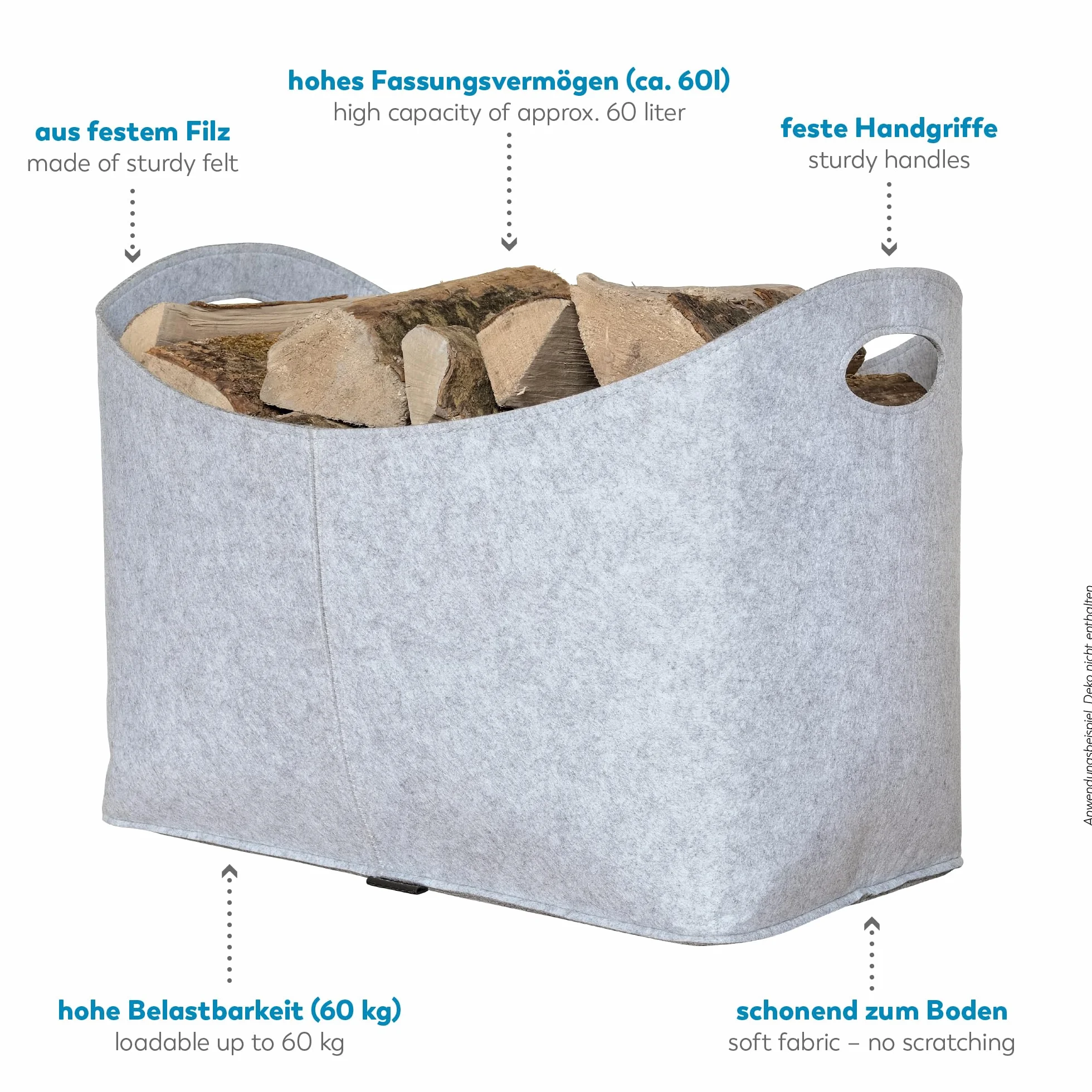 Rubberneck Filcowy kosz na drewno opałowe XL z uchwytami, na drewno, gazety, czasopisma, 54 x 39 x 30 cm, szary