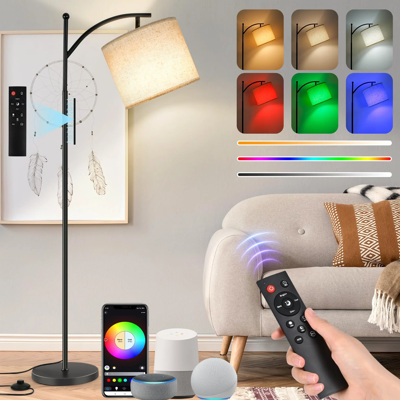 Euakee Lampa podłogowa LED 155 cm ściemniana RGB z pilotem i aplikacją Alexa Google