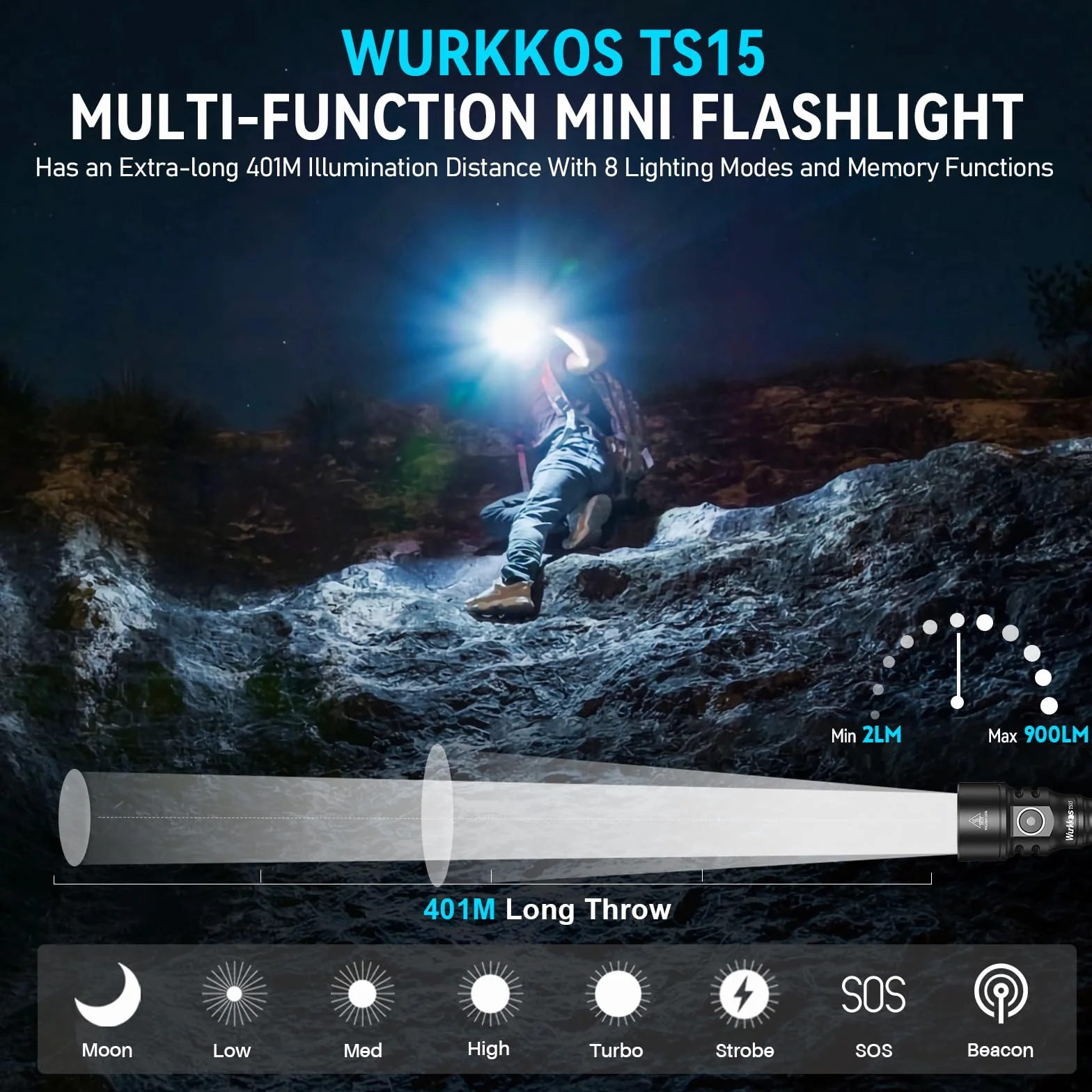 Wurkkos TS15 Mini latarka AA 900 lumenów, ładowalna latarka LED o zasięgu świecenia 228 m, kompatybilna z bateriami AA, kompaktowa i jasna latarka na kemping, wędrówki, sytuacje awaryjne