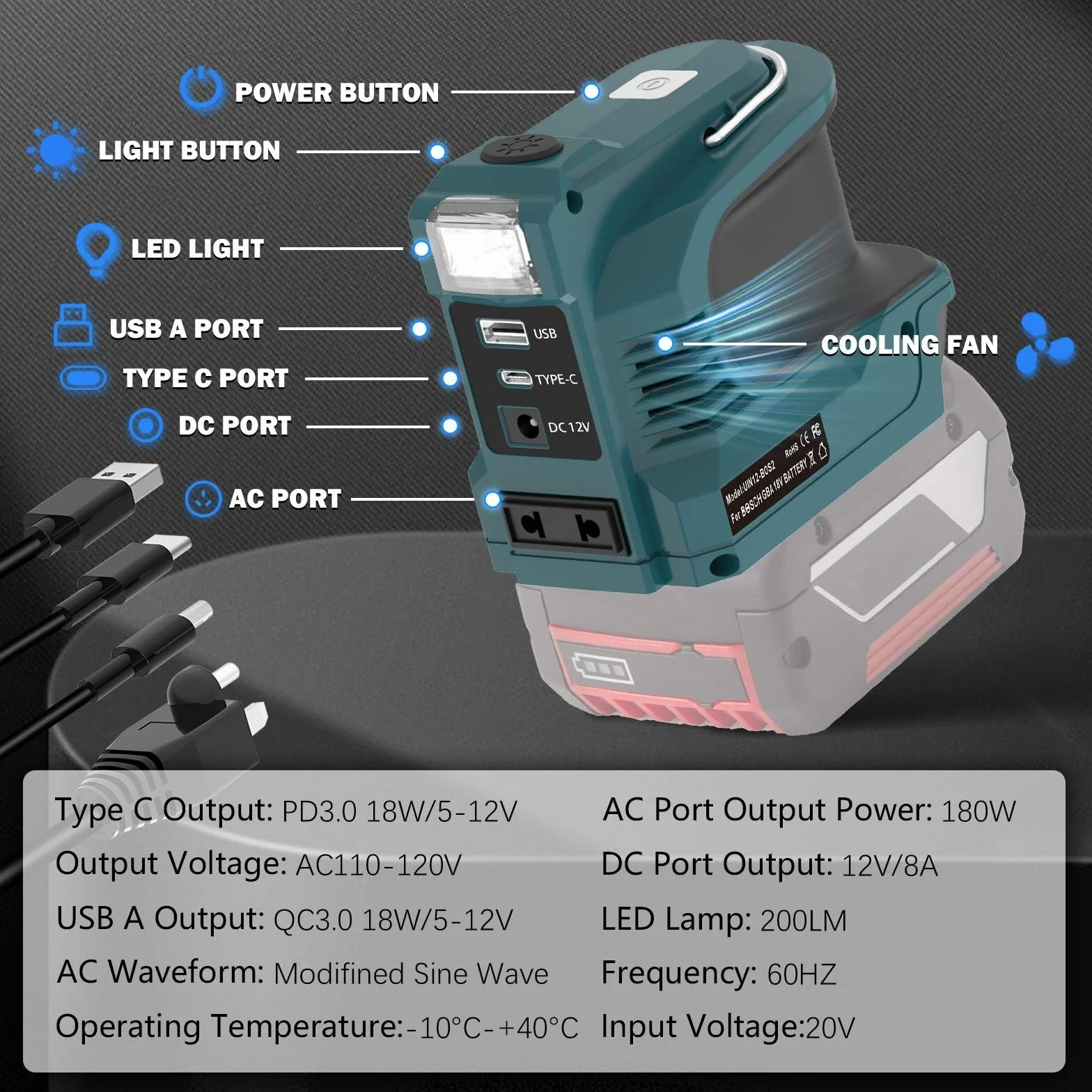 Falownik akumulatorowy 220W do akumulatora Bosch GBA 18V, przetwornik napięcia DC 18V na AC 220V adapter ze złączem USB typu C DC12V i lampą LED, agregat awaryjny do campingu (akumulator nie jest