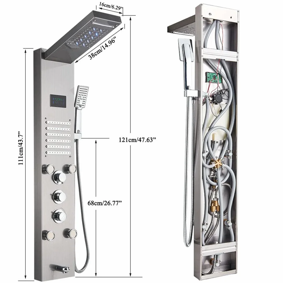 Panel prysznicowy ze szczotkowanego niklu LED, deszczownica, kran, system masażu, dysze do ciała