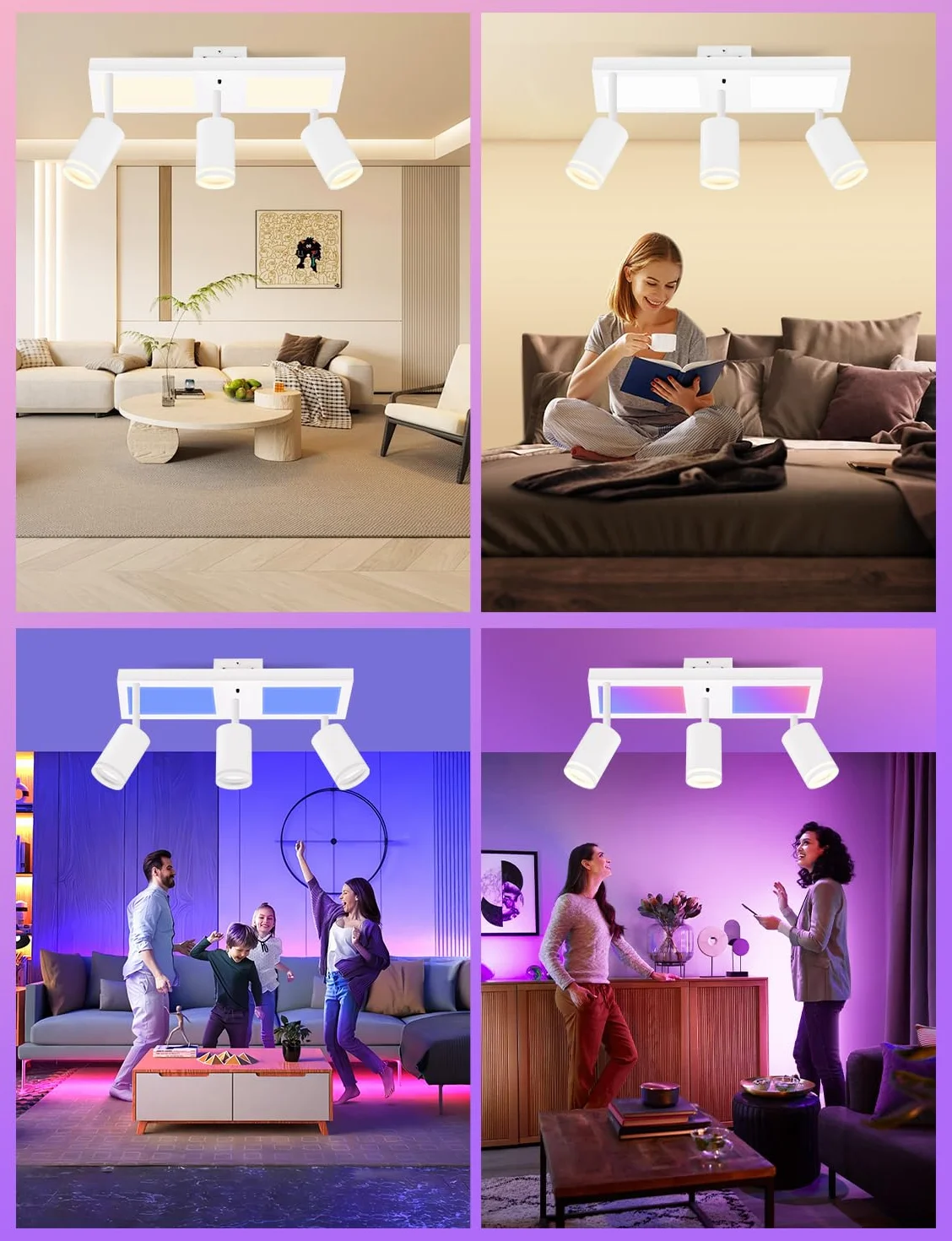 YindaLux Lampa sufitowa LED z 3 ściemnialnymi reflektorami z pilotem zdalnego sterowania, RGB 25 W 2850 lm, obrotowe reflektory sufitowe GU10, biała lampa sufitowa z dolnym blaskiem 10 W, 3 x 5 W