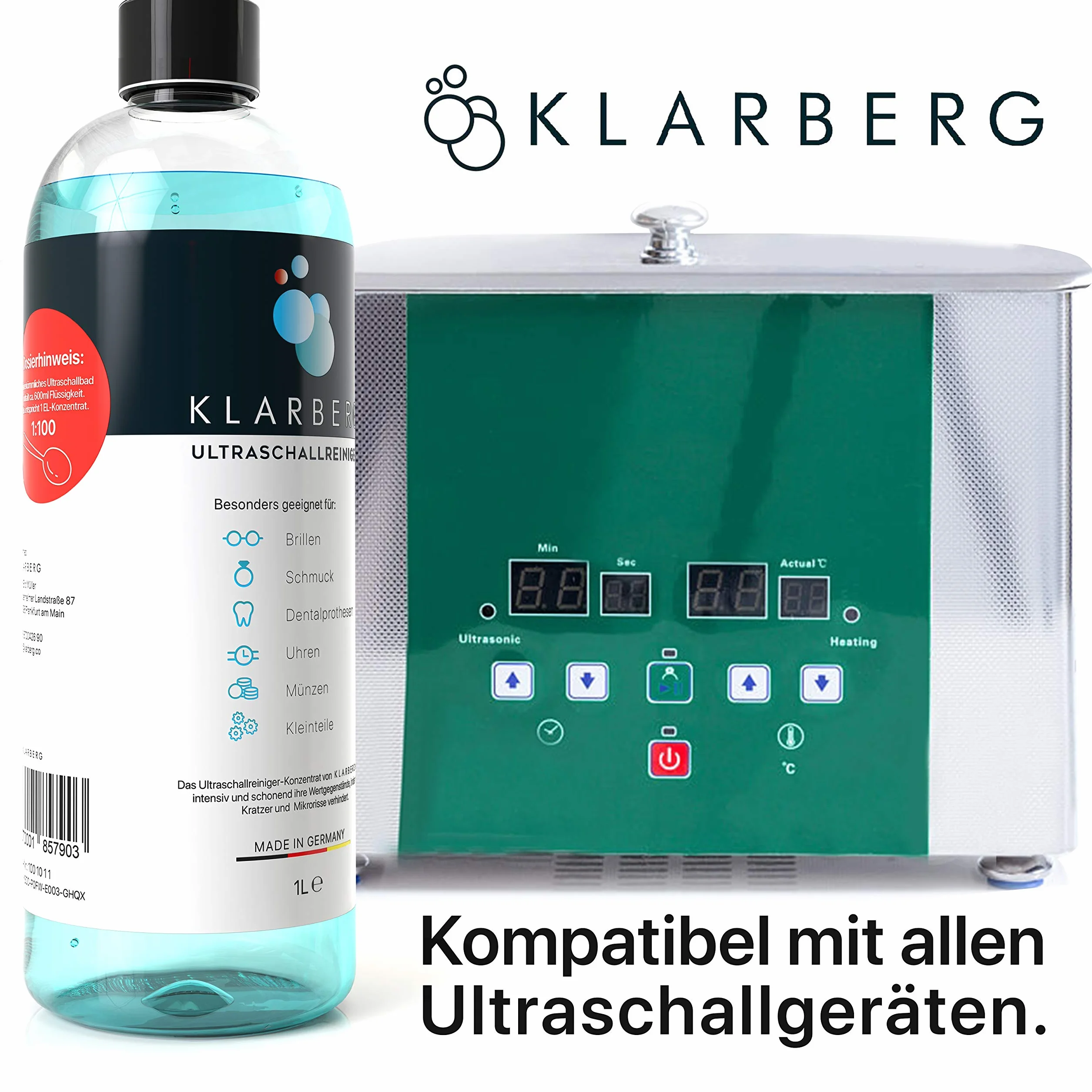 KLARBERG® 2x1L Koncentrat do myjki ultradźwiękowej I Czyszczenie okularów, biżuterii, protez zębowych, zegarków w wannie ultradźwiękowej I Można stosować z każdą myjką ultradźwiękową