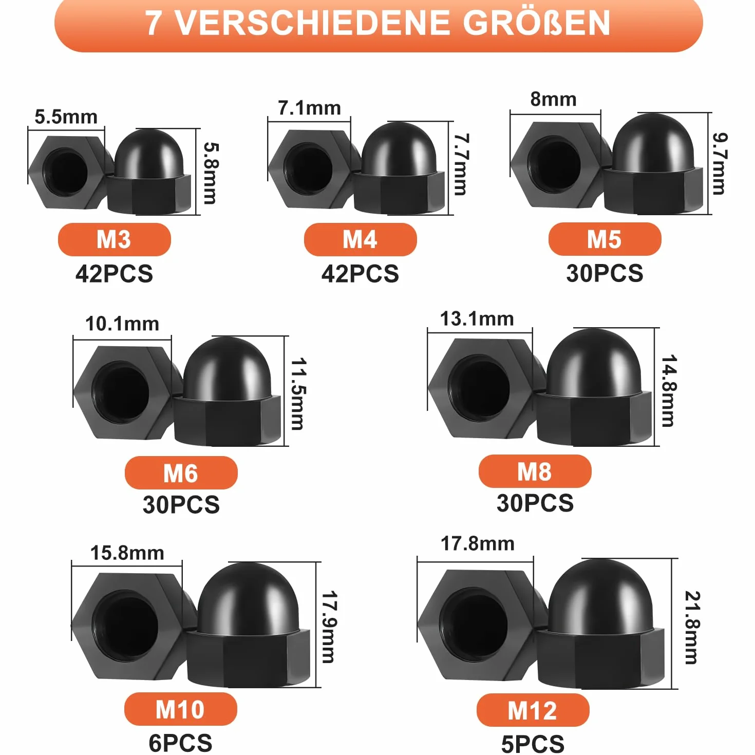 Nakrętki do kapeluszy M3/M4/M5/M6/M8/M10/M12 Nakrętki ślepe, 185 sztuk, ochrona przed rdzą, ochrona przed rdzą, trwała nakrętka kopułowa, do śrub, gwintowanych, prętów gwintowanych (czarny, nylon)