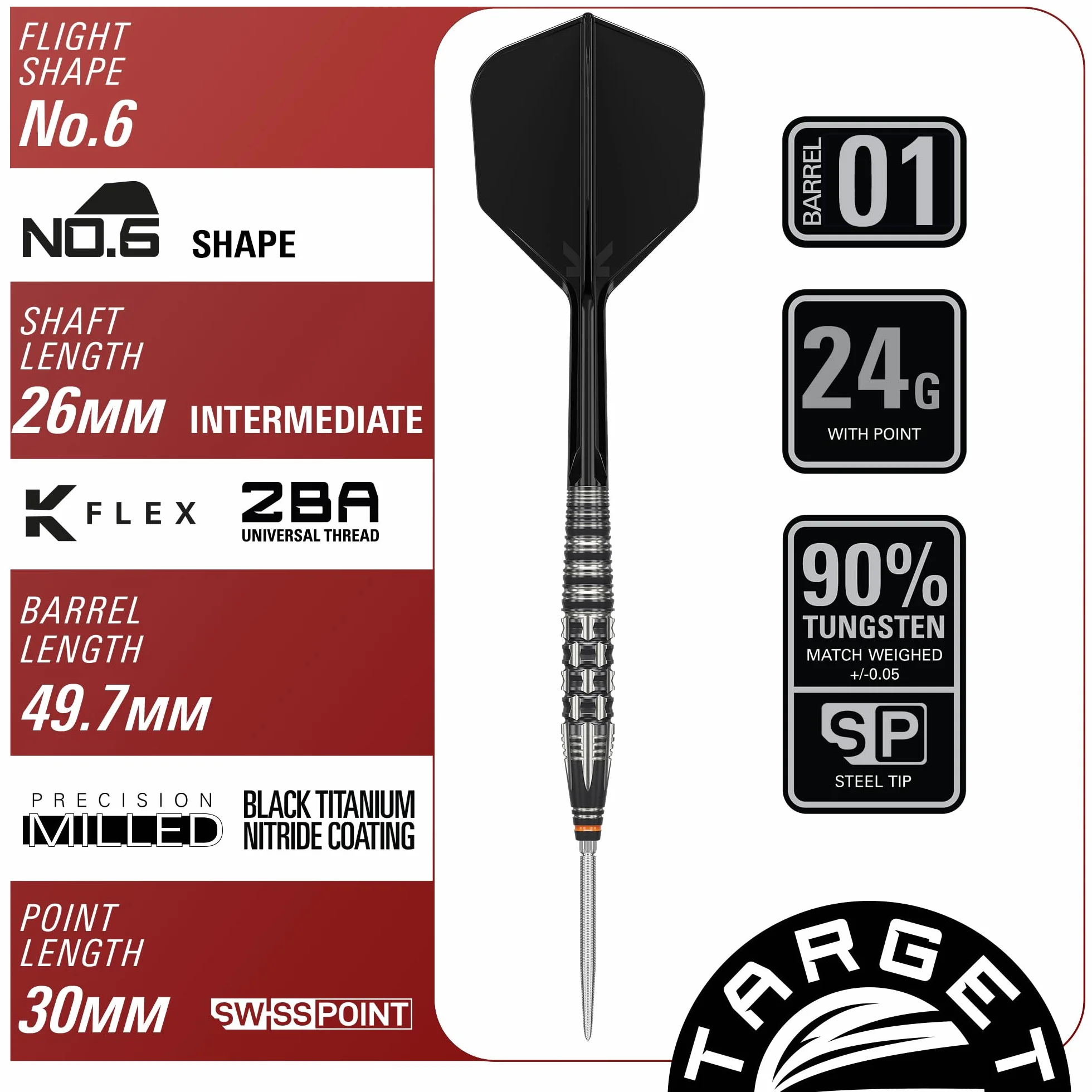 Target Japan Black Marque Dancing Duck G4 90% Tungsten K-Flex Swiss Point Steel Tip Darts Set, 24G | Yuya Higuchi Dart Flight, Swiss Nano Points, K Flex No.6 Shape Flights en Shafts