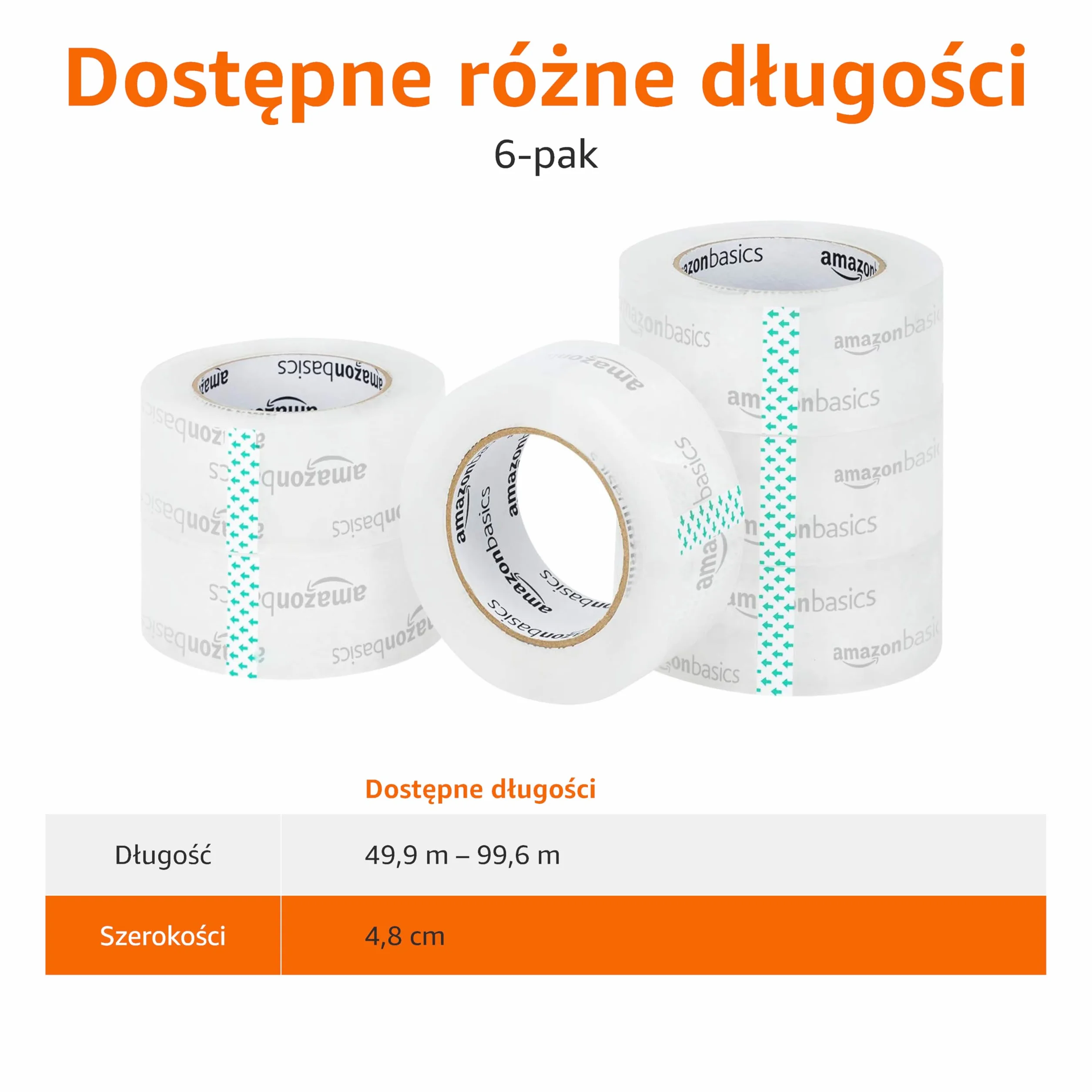 Amazon Basics Taśma pakowa do przeprowadzek i magazynowania, 4,7 cm x 99,6 m (szer. x dł.), krystalicznie przezroczysta, opakowanie 6 sztuk