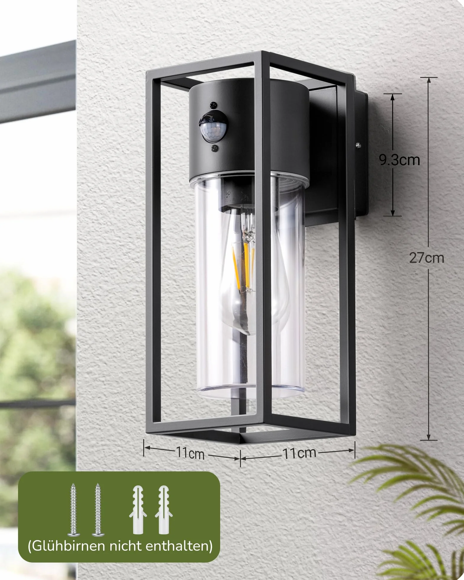 EDISHINE Zewnętrzna lampa ścienna z czujnikiem ruchu, gniazdo E27, wodoodporna IP44, lampa ścienna z aluminium i szkła hartowanego do ogrodu, balkonu, tarasu, frontu, żarówki nie są dołączone, czarna