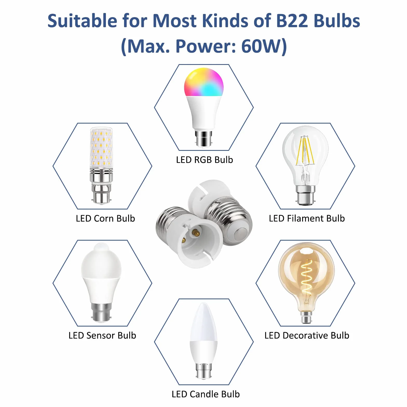 Konwerter gniazd E27 na B22, adapter gniazda żarówki śrubowej na bagnetowy, adapter podstawy lampy ES do BC, moc maksymalna 60 W, napięcie 0-250 V, do żarówek LED, żarówek, żarówek CFL, 2 szt