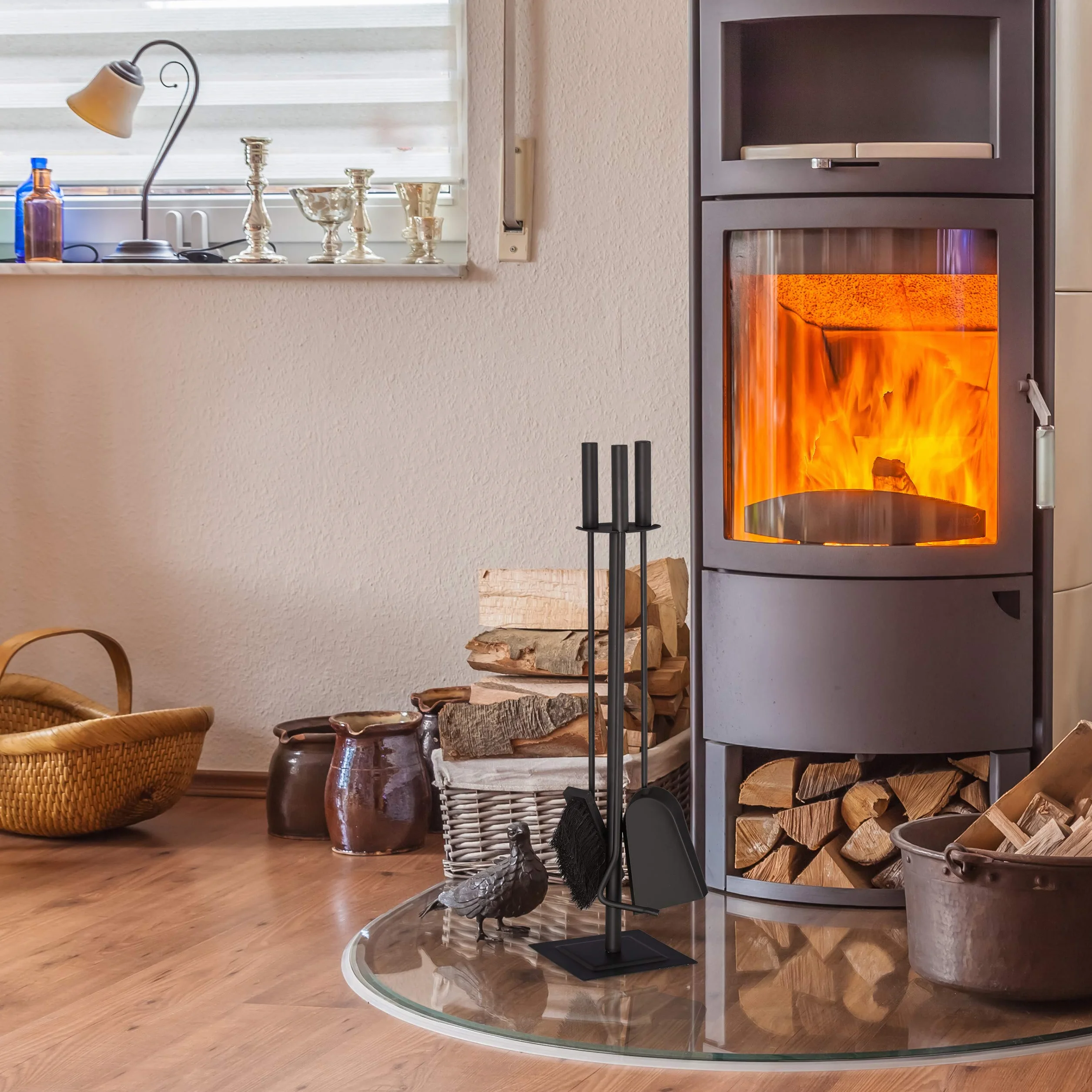 Relaxdays Sztućce kominkowe, 4-częściowy zestaw kominkowy z szufelką, miotłą, pogrzebaczem i uchwytem, nowoczesne sztućce do pieca, czarne, 61 x 15 x 15 cm