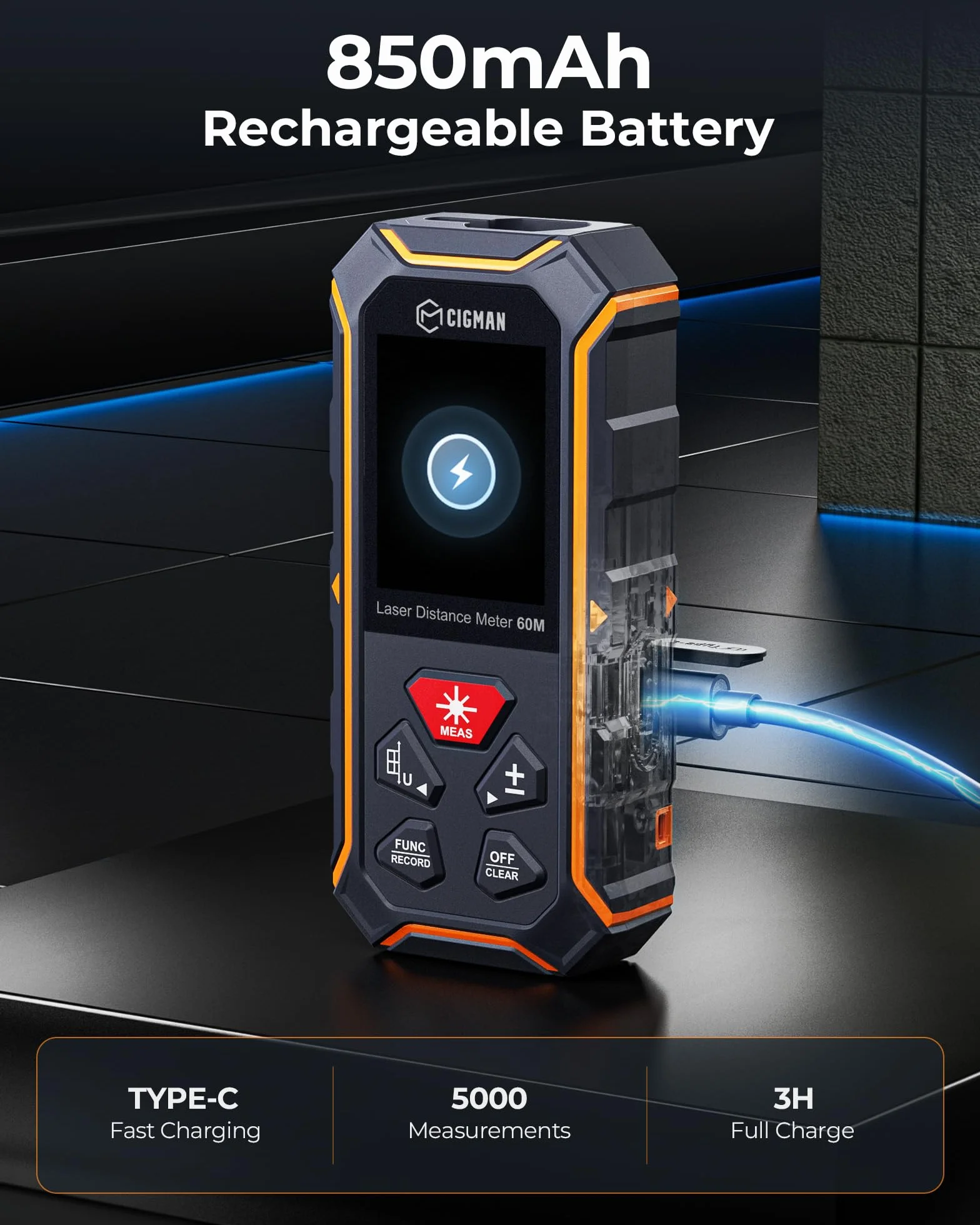 Cigman Laser Protection dwustronne, do maks. 120 m (do maks. 60 m w każdym kierunku), miernik odległości lasera, USB, akumulator, cyfrowa droga wodna, Bach z Resiblable 850 mAh