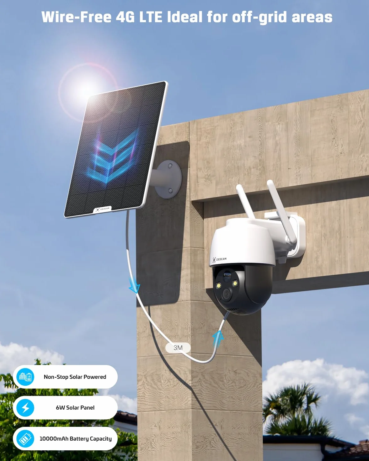 COCOCAM 3G/4G LTE Bezprzewodowa Kamera Bezpieczeństwa 2K na Zewnątrz, Słoneczna, Wykrywanie PIR, AI, Karta SIM w Zestawie