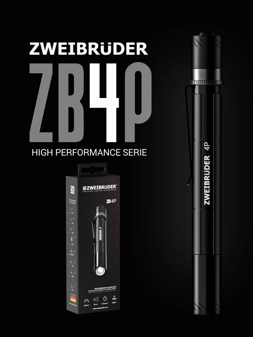 Zweibrüder ZB4P lampa długopisowa, latarka 400 lumenów – kompaktowa mini latarka LED z regulacją ostrości, Dual Functional Optic, ładowana przez USB-C, idealna na co dzień i outdoor