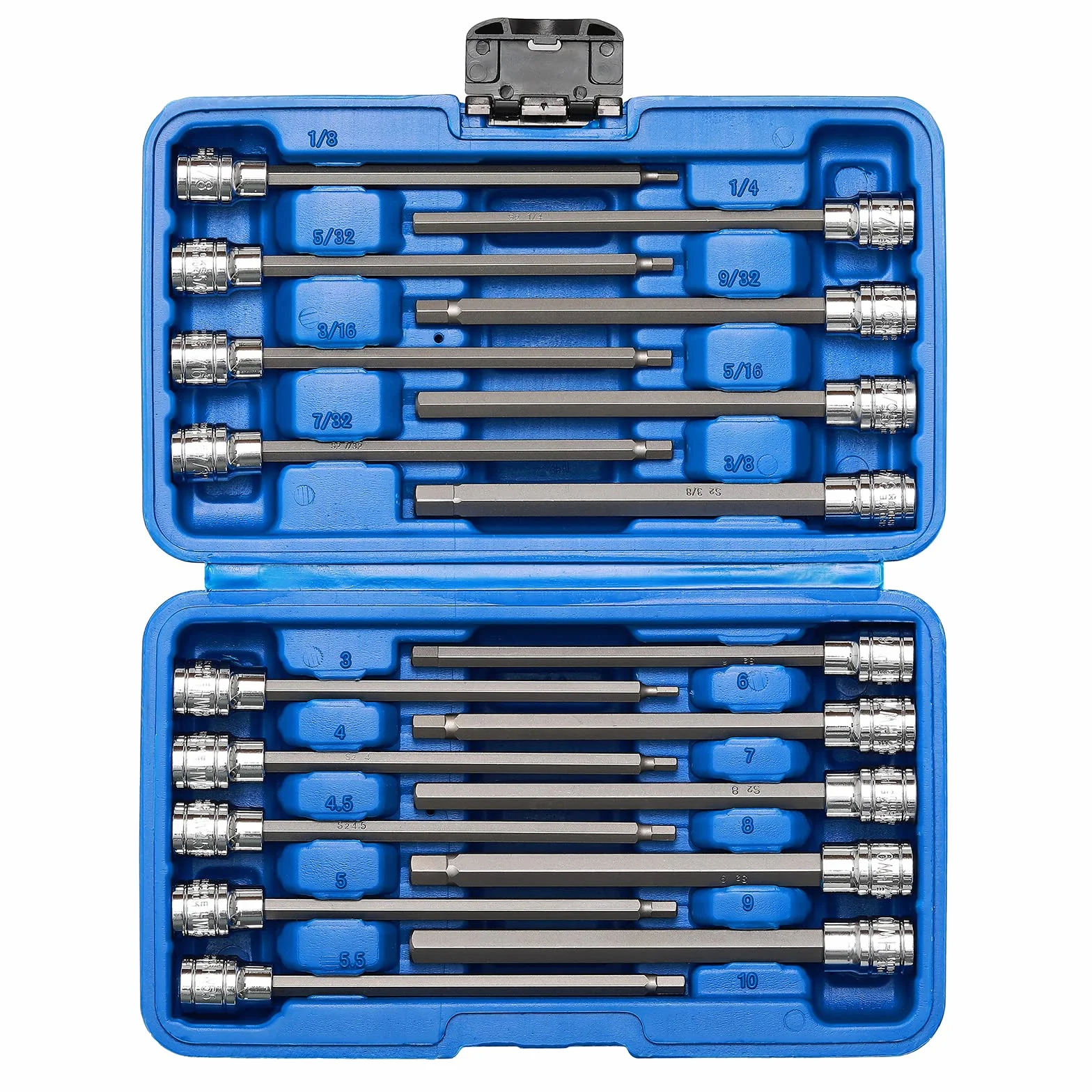 Mayouko Zestaw nasadek sześciokątnych 3/8", S2&CR-V, Metreic&SAE, 18 sztuk, 1/8" - 3/8", 3 - 10 mm