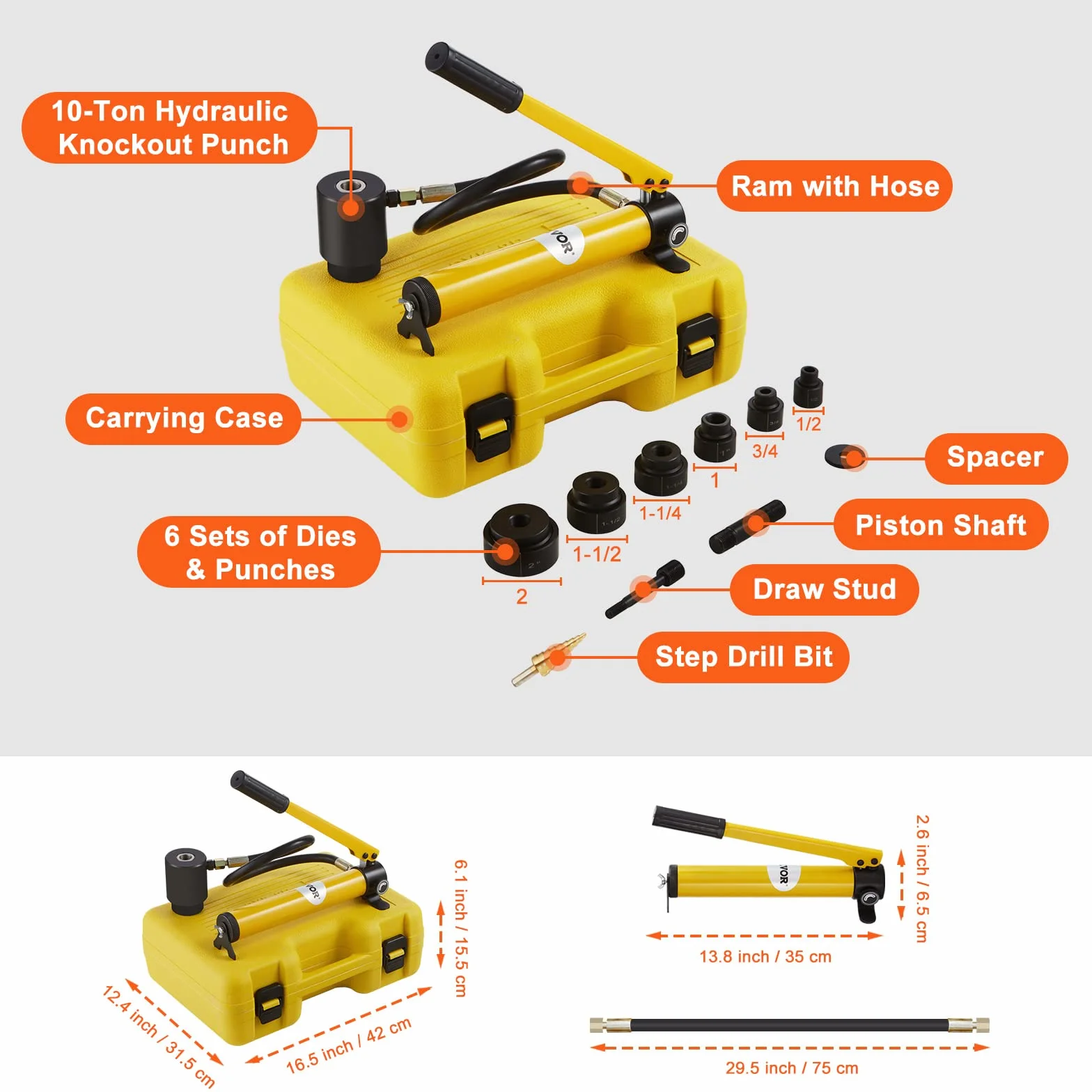 VEVOR Zestaw hydraulicznych dziurkaczy 10 t, ręczna pompa stalowa narzędzie do wykrawania z 6 kształtami do wykrawania, 12,7, 19,05, 25,4, 31,75, 38,1, 50,8 mm, cylinder dziurkacz pompa hydrauliczna
