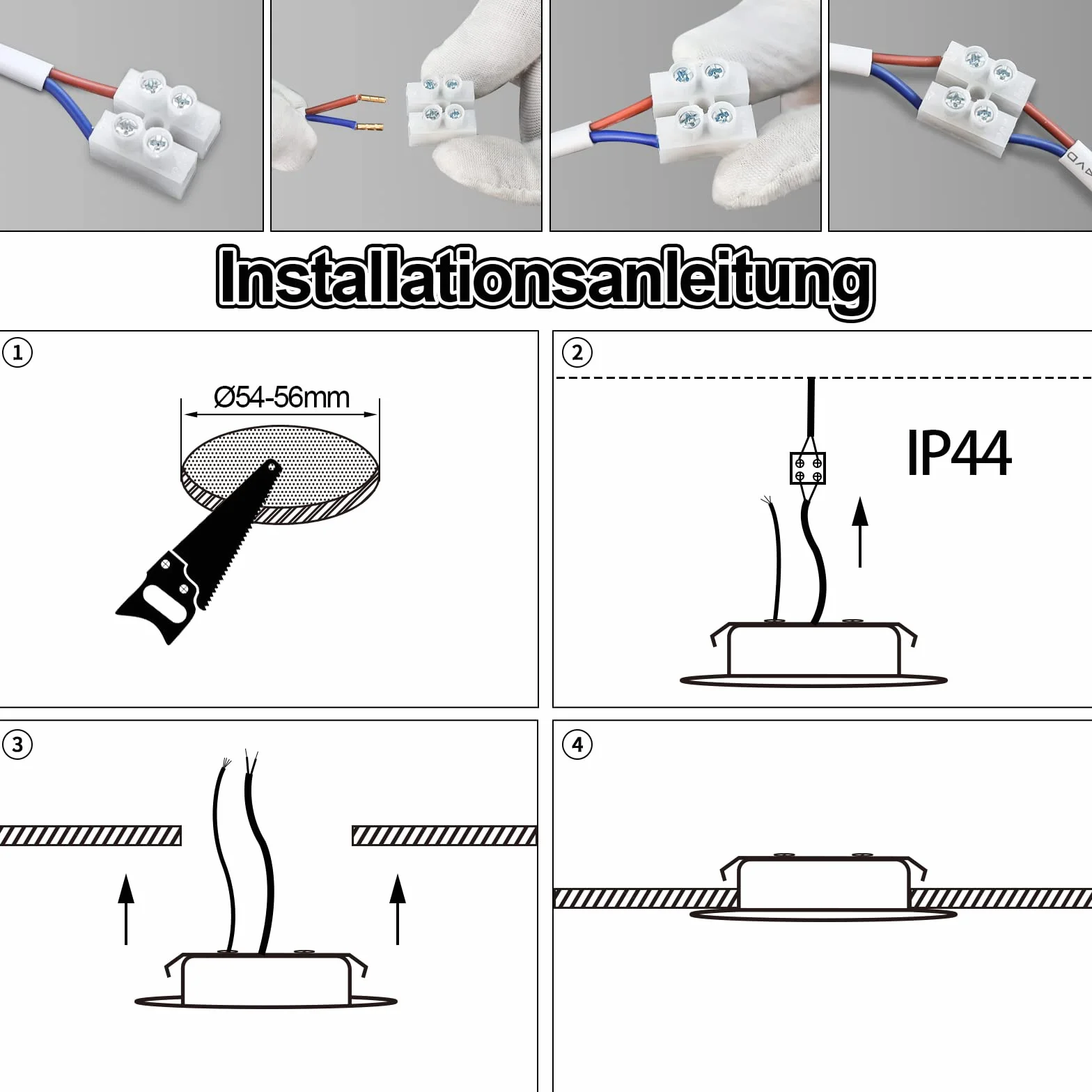 Oświetlenie LED do szafki 230 V, 4 W LED, IP44, G4, 20 mm, reflektory wpuszczane, do mebli płaskich, 3 temperatury barwowe, 3000 k/4000 k/6000 k, okap kuchenny, do zabudowy łazienkowej (białe, zestaw